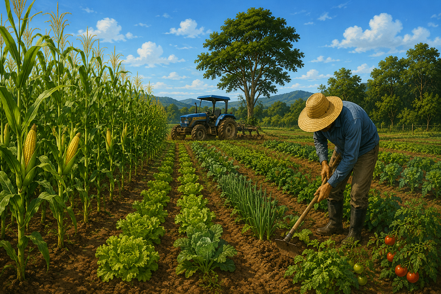 Plantação vista de perto com fileiras de pés de milho e canteiros de verduras; ao lado, uma pessoa com chapéu de palha e enxada cuidando da terra, e ao fundo um trator e algumas árvores preservadas.