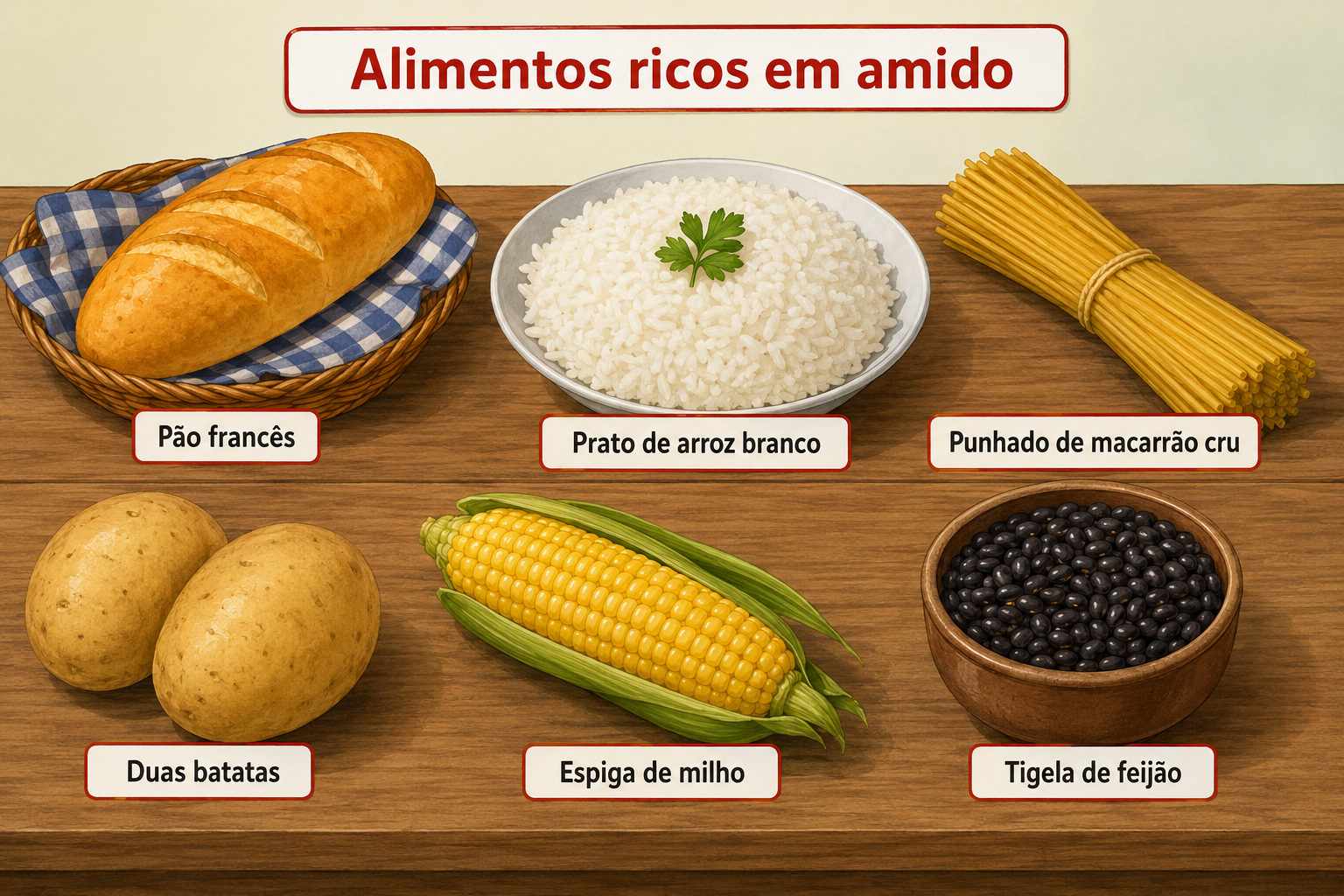 Mesa com alimentos ricos em amido dispostos lado a lado: um pão francês, um prato de arroz branco, um punhado de macarrão cru, duas batatas, uma espiga de milho e uma tigela de feijão.