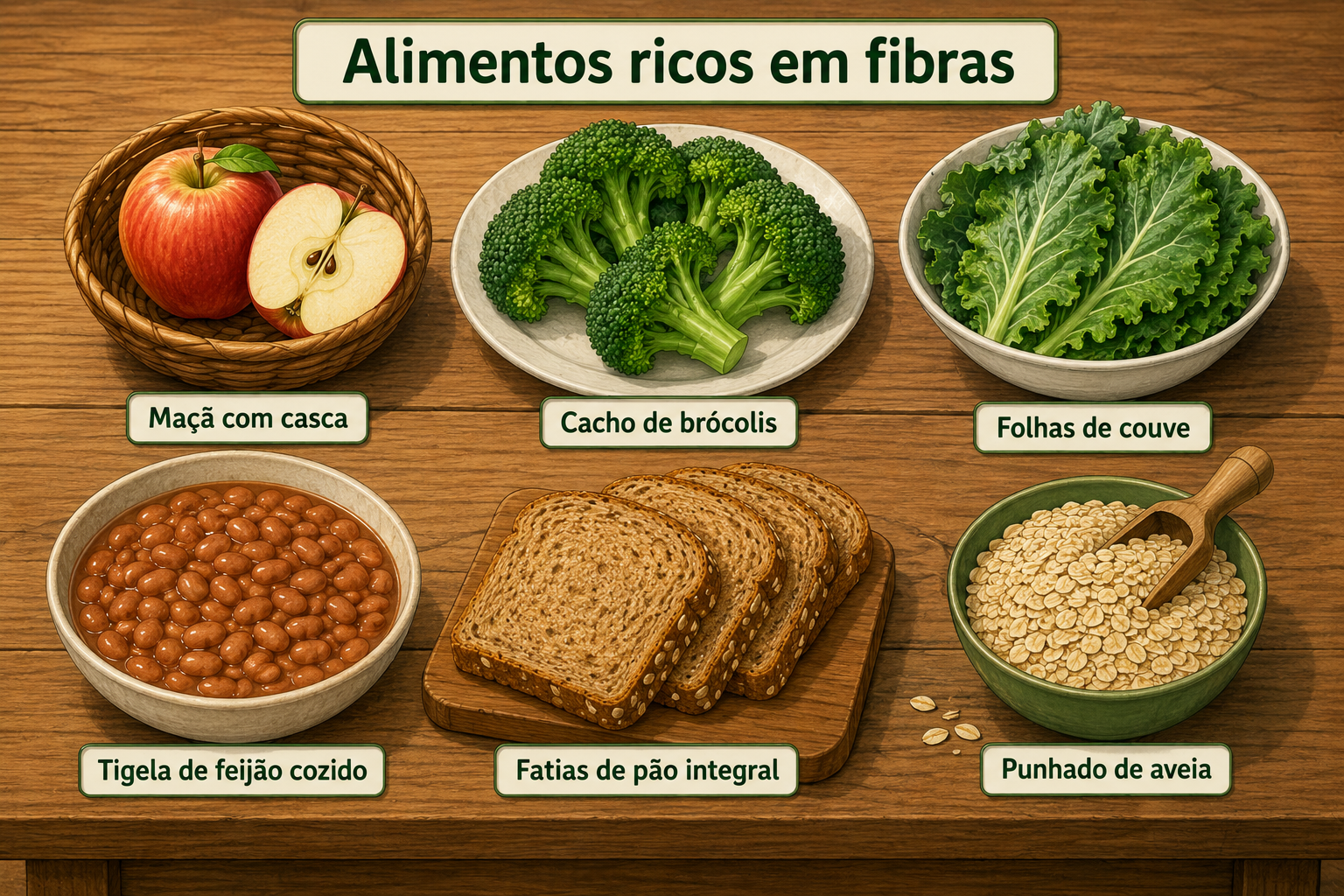 Alimentos ricos em fibras dispostos sobre uma mesa de madeira: uma maçã com casca, um cacho de brócolis, folhas de couve, uma tigela de feijão cozido, fatias de pão integral e um punhado de aveia.