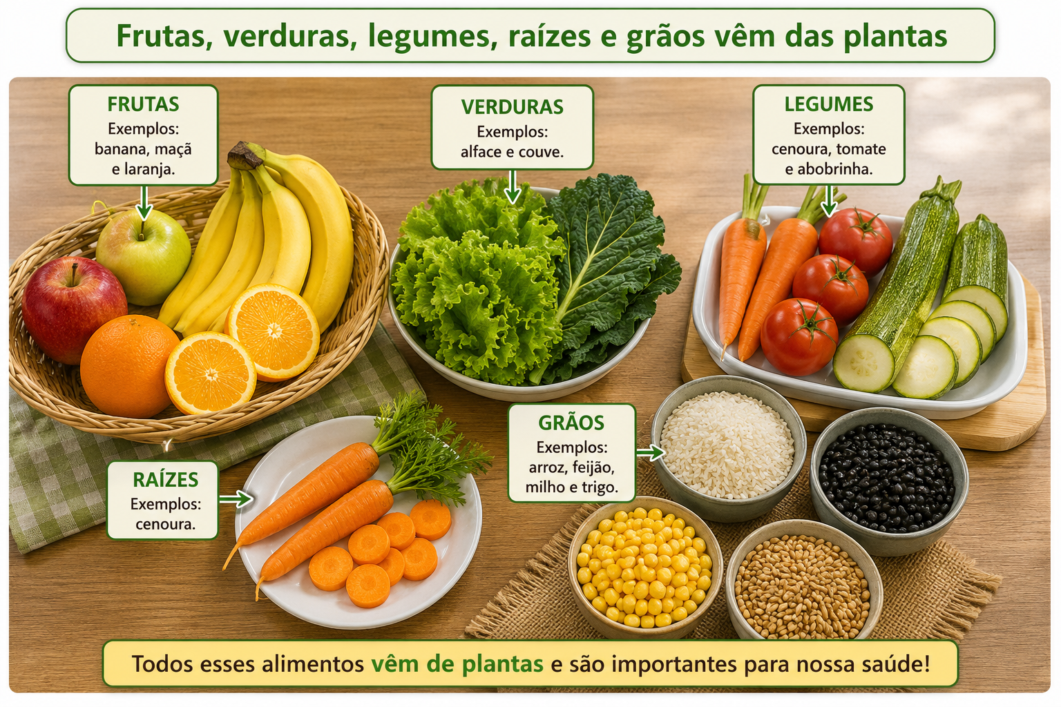 Mesa vista de cima com alimentos que vêm de plantas organizados em grupos: frutas como banana, maçã e laranja; verduras como alface e couve; legumes como cenoura, tomate e abobrinha; e tigelas com arroz, feijão, milho e trigo.
