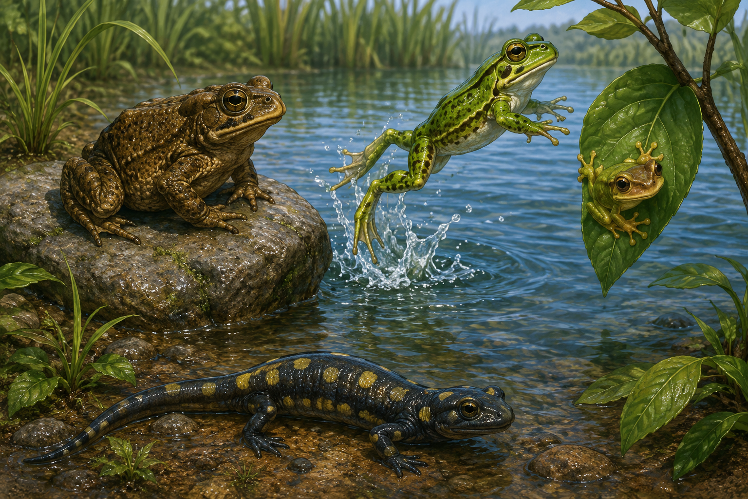 Anfíbios em uma ilustração à beira de um lago: um sapo marrom sentado sobre uma pedra molhada, uma rã verde saltando na água, uma perereca agarrada a uma folha com os dedos arredondados e uma salamandra escura de cauda comprida entre plantas úmidas.
