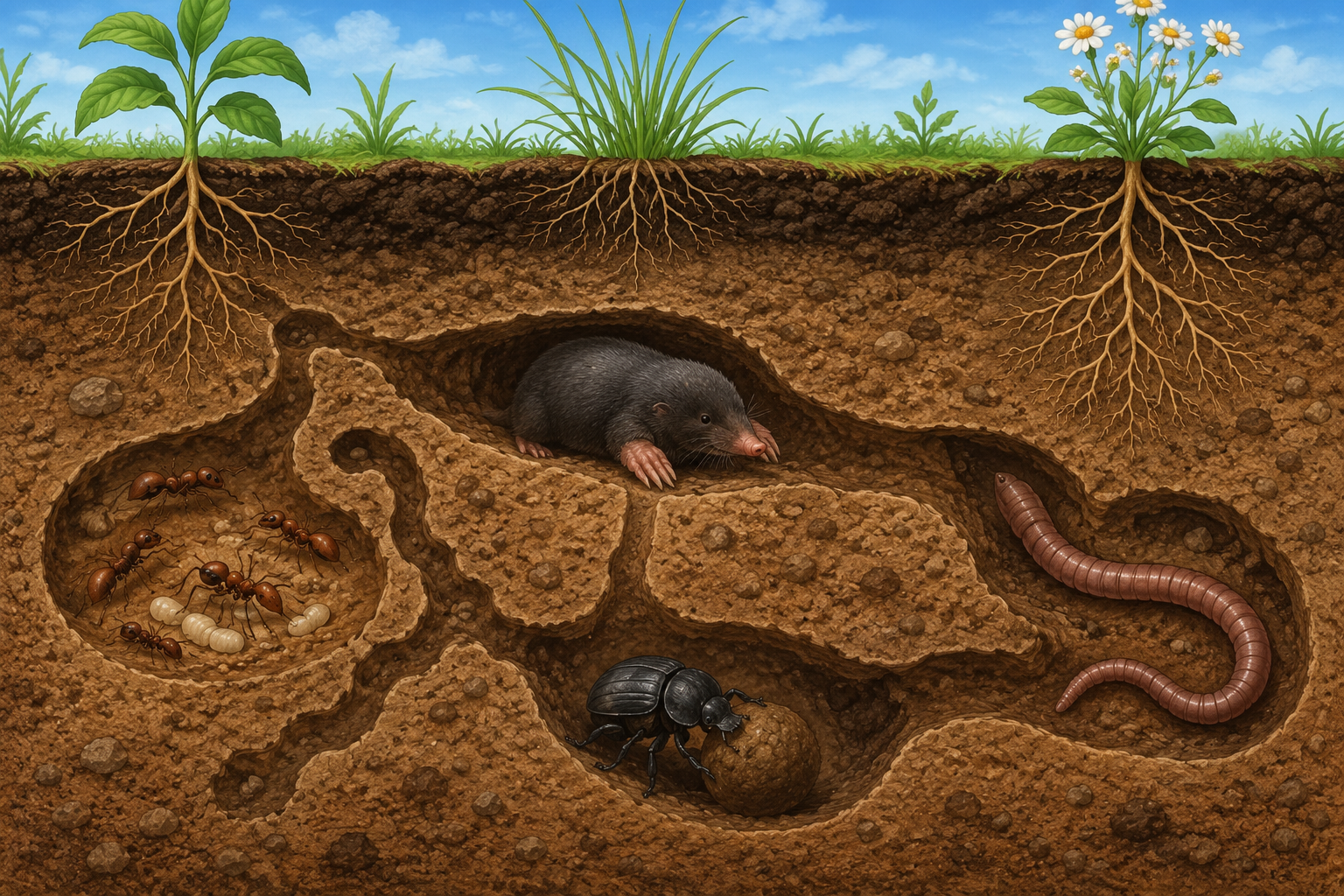 Corte do solo visto de lado, mostrando a camada escura por cima e a terra mais clara embaixo; dentro dela aparecem uma minhoca em um túnel, um formigueiro com formigas e um tatu cavando, e na superfície algumas plantinhas com as raízes visíveis.