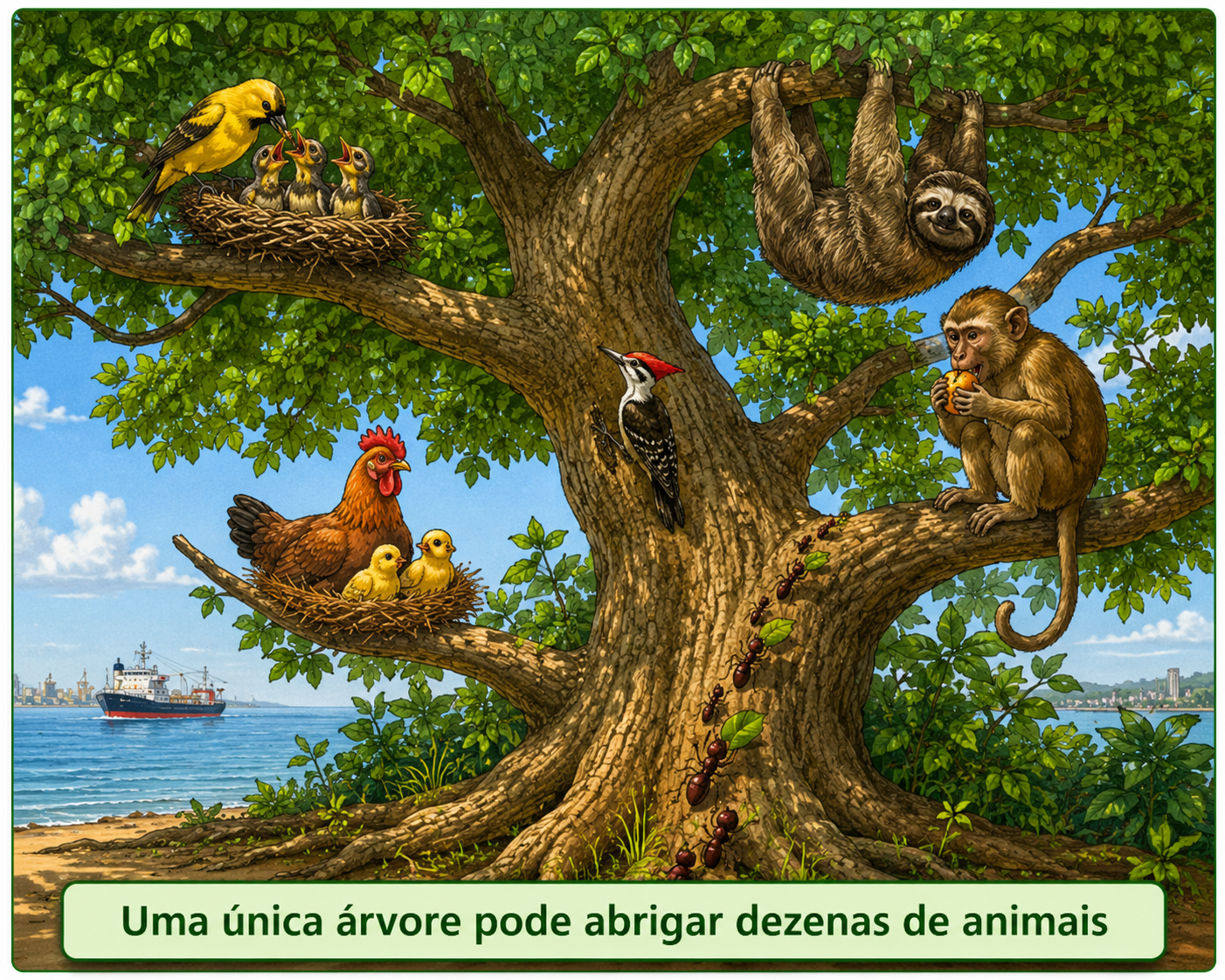 Árvore grande e frondosa vista de perto, com vários animais ao mesmo tempo: um pássaro cuidando de um ninho com filhotes em um galho, uma preguiça pendurada de cabeça para baixo, um macaco sentado em outro galho comendo uma fruta e formigas subindo em fila pelo tronco.