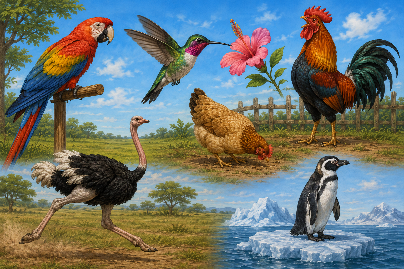 Várias aves em uma ilustração: um papagaio colorido em um galho, um beija-flor com o bico fino em uma flor, uma galinha no chão, um avestruz de pernas longas correndo e, sobre uma pedra de gelo, um pinguim de pé.