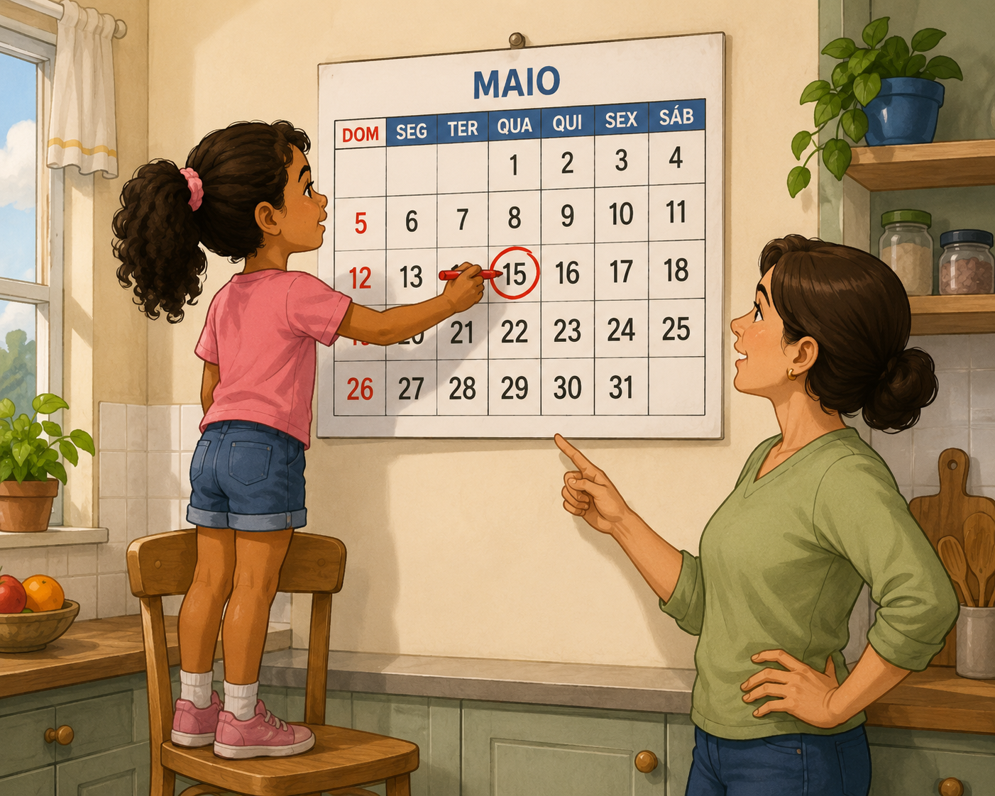 Cozinha com um calendário de parede grande mostrando o mês em quadradinhos; uma criança de pé sobre uma cadeira faz um círculo com caneta em um dos dias, e ao lado uma pessoa adulta observa e aponta para o dia marcado.