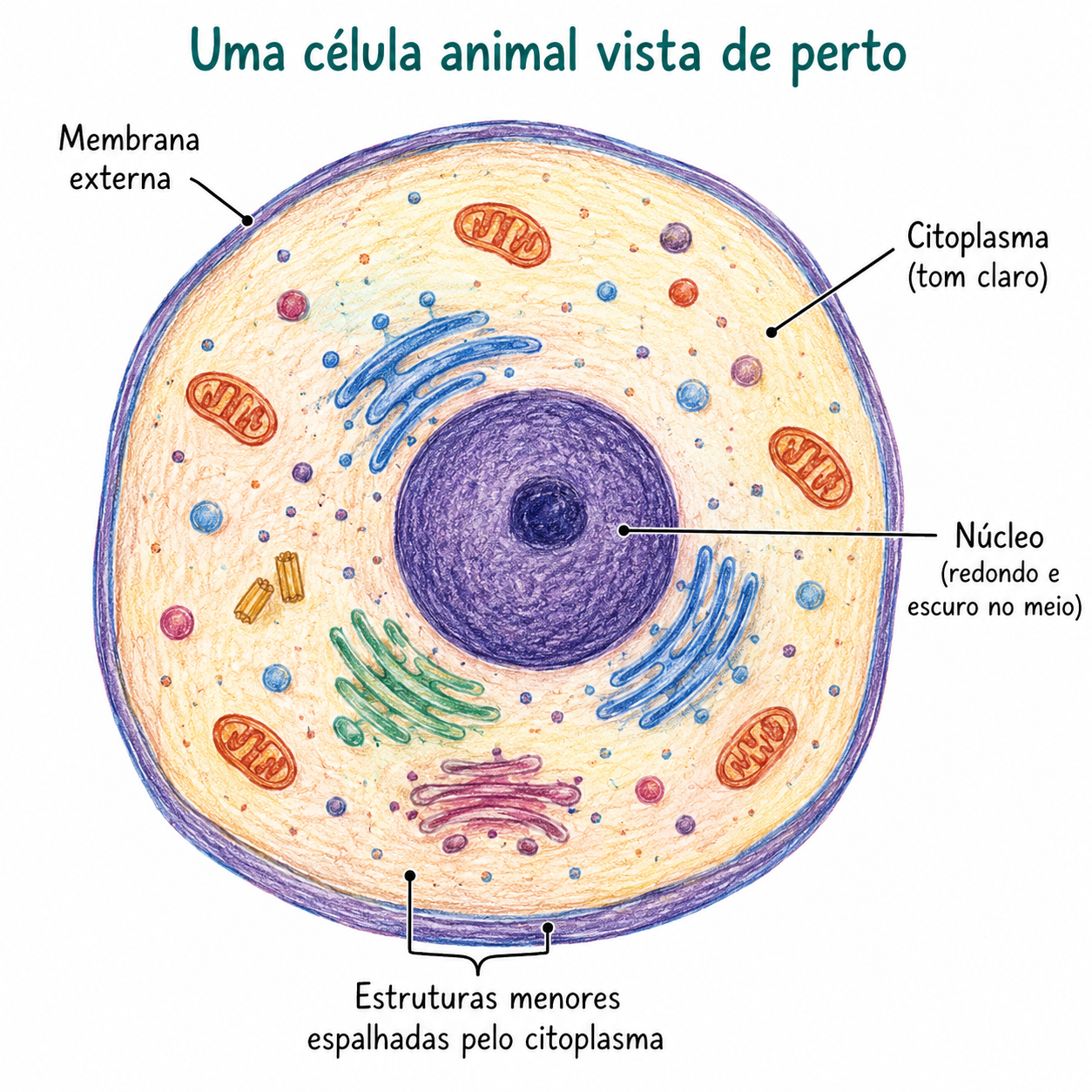 Desenho de uma célula animal vista ao microscópio: um contorno arredondado com uma membrana externa, o citoplasma preenchendo o interior em tom claro e um núcleo redondo e escuro no meio, com algumas estruturas menores espalhadas.