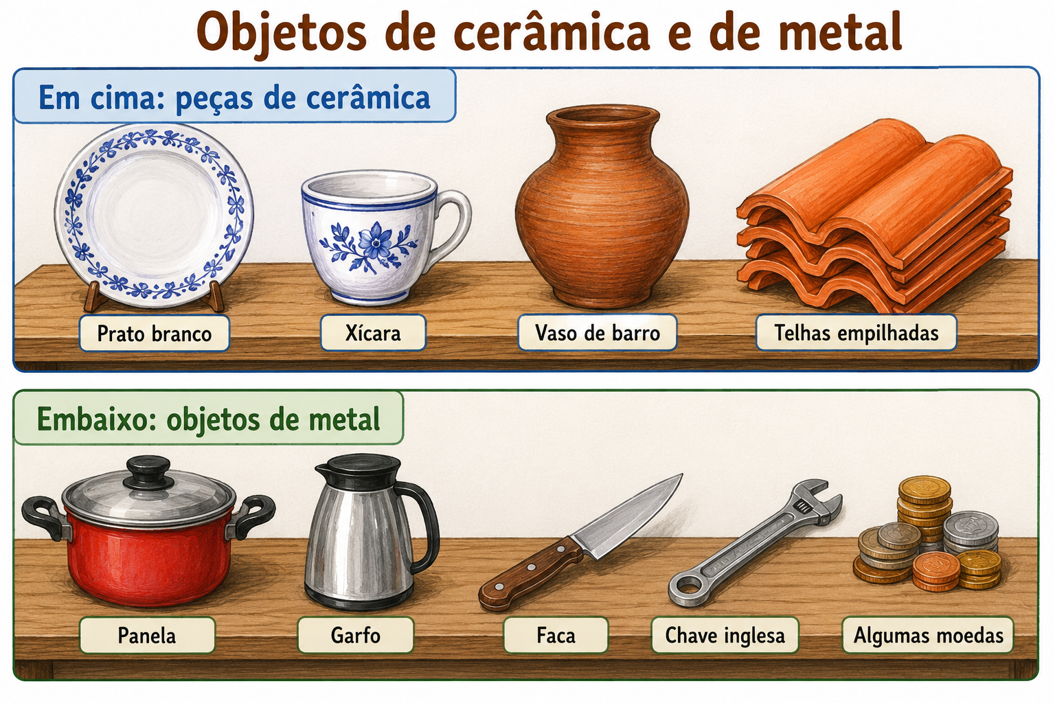 Objetos organizados em duas fileiras: em cima, peças de cerâmica — um prato branco, uma xícara, um vaso de barro e telhas empilhadas; embaixo, objetos de metal — uma panela, garfo e faca, uma chave inglesa e algumas moedas.
