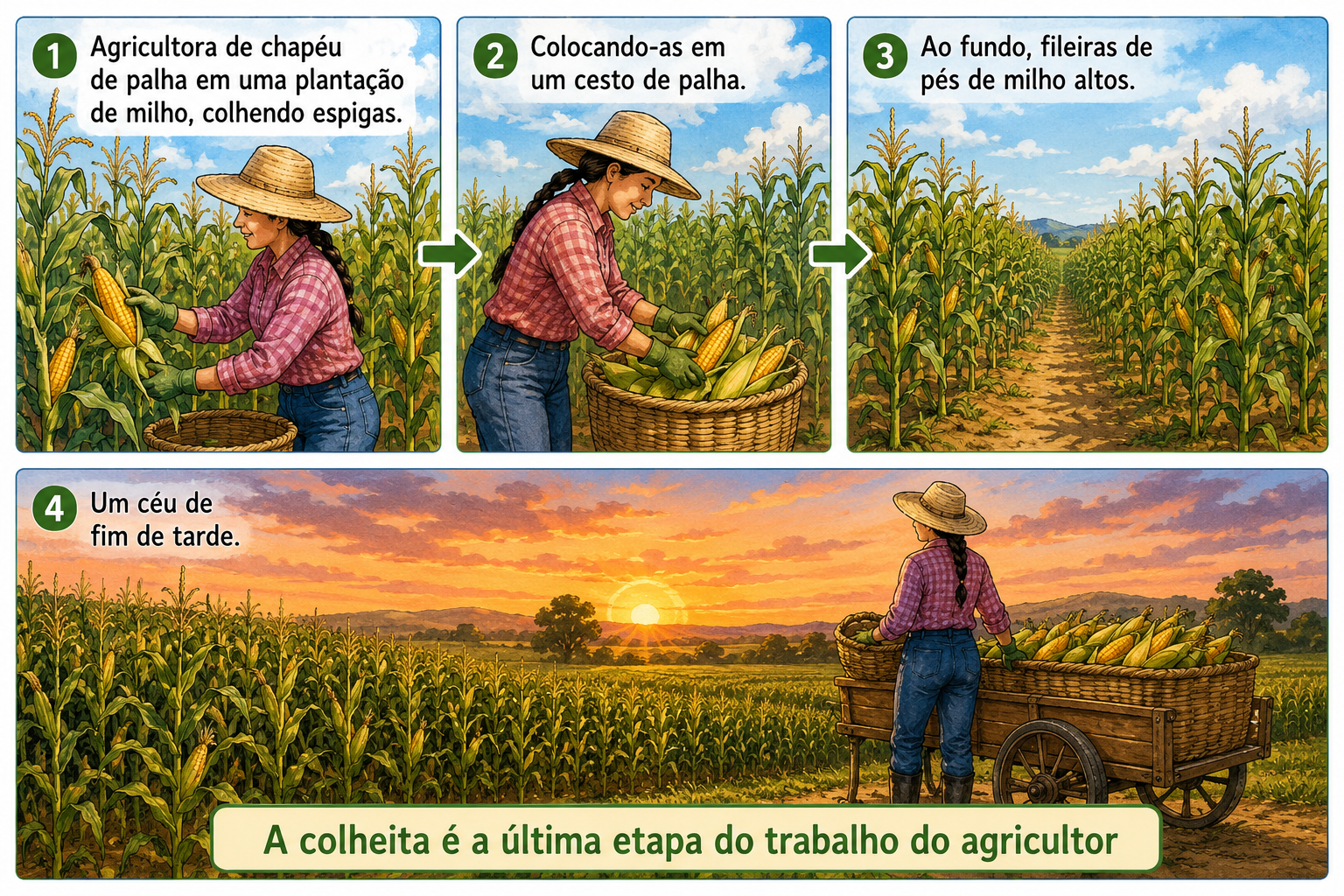 Agricultora de chapéu de palha em uma plantação de milho, colhendo espigas e colocando-as em um cesto de palha; ao fundo, fileiras de pés de milho altos e um céu de fim de tarde.