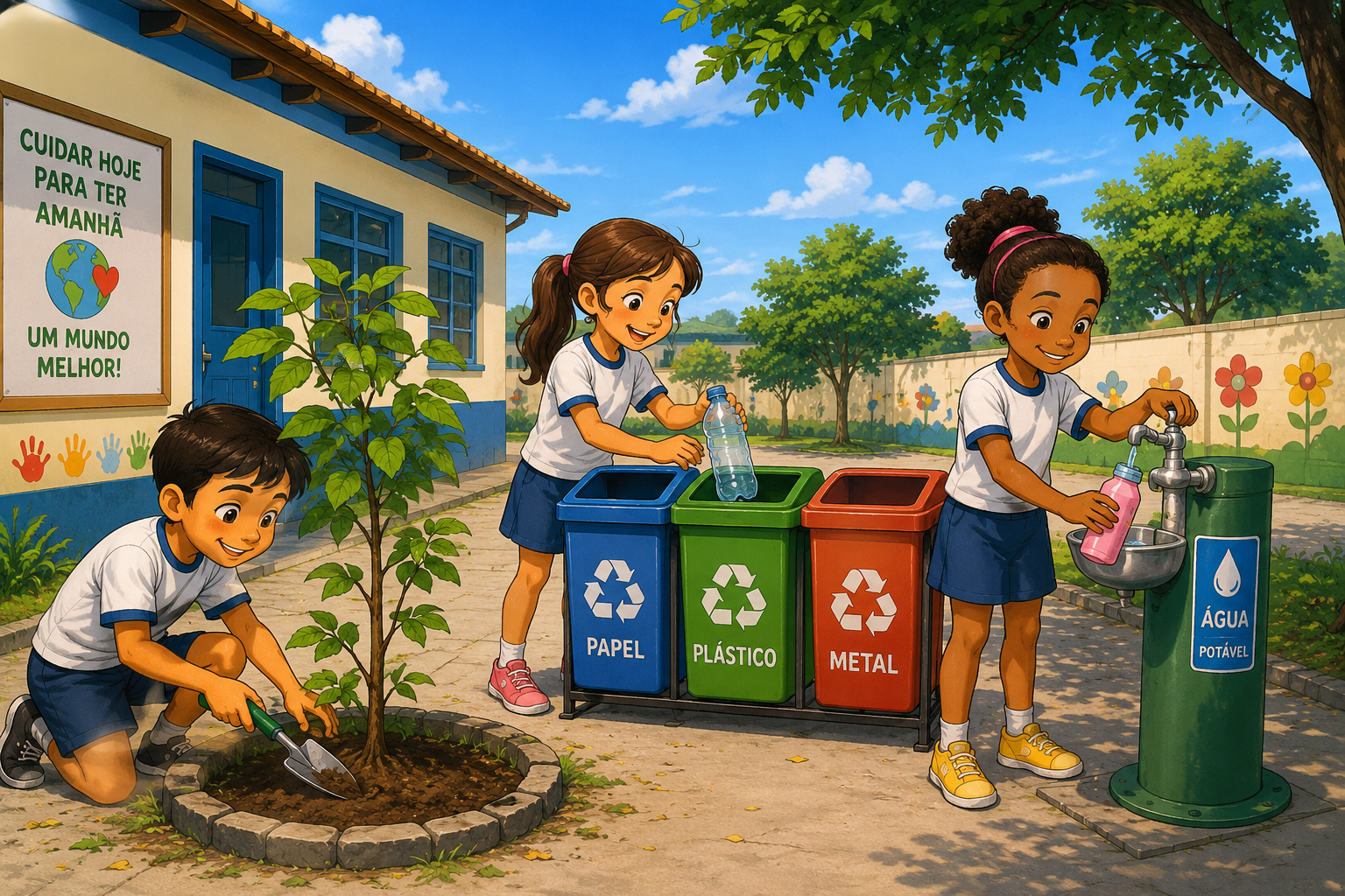 Três crianças no pátio de uma escola: uma planta uma pequena árvore com uma pá, outra coloca uma garrafa em uma lixeira de reciclagem colorida e a terceira fecha a torneira de um bebedouro; ao fundo, árvores e um céu azul limpo.