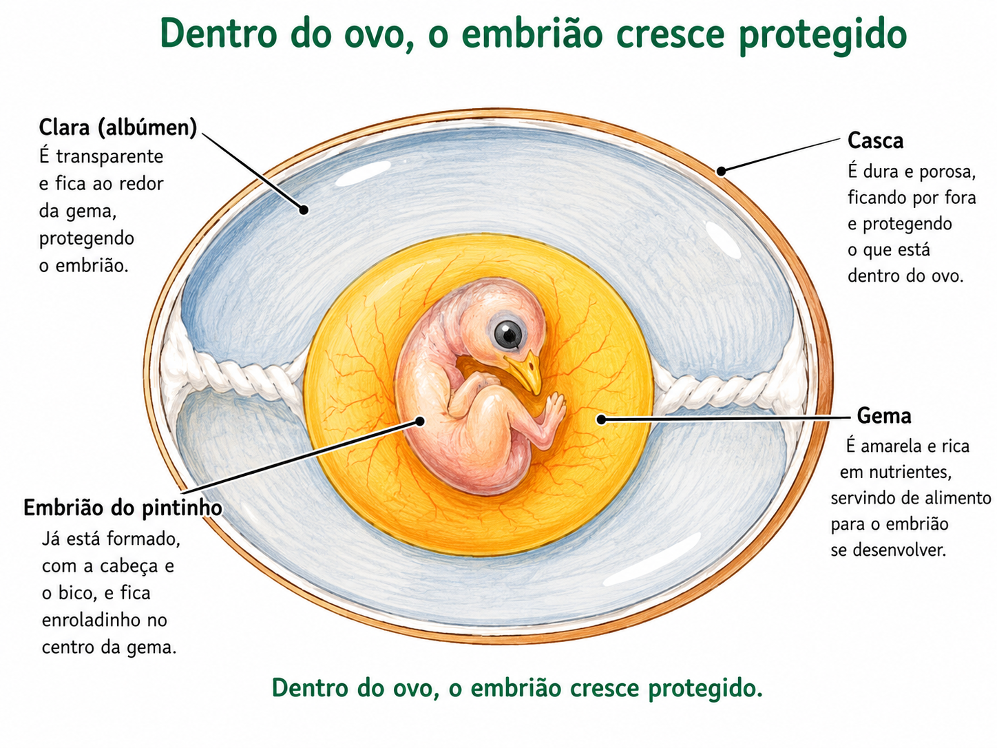 Ovo de ave cortado ao meio mostrando o que existe dentro: a casca por fora, a clara transparente ao redor, a gema amarela e o embrião do pintinho já com a cabeça e o bico formados, encolhido no centro.