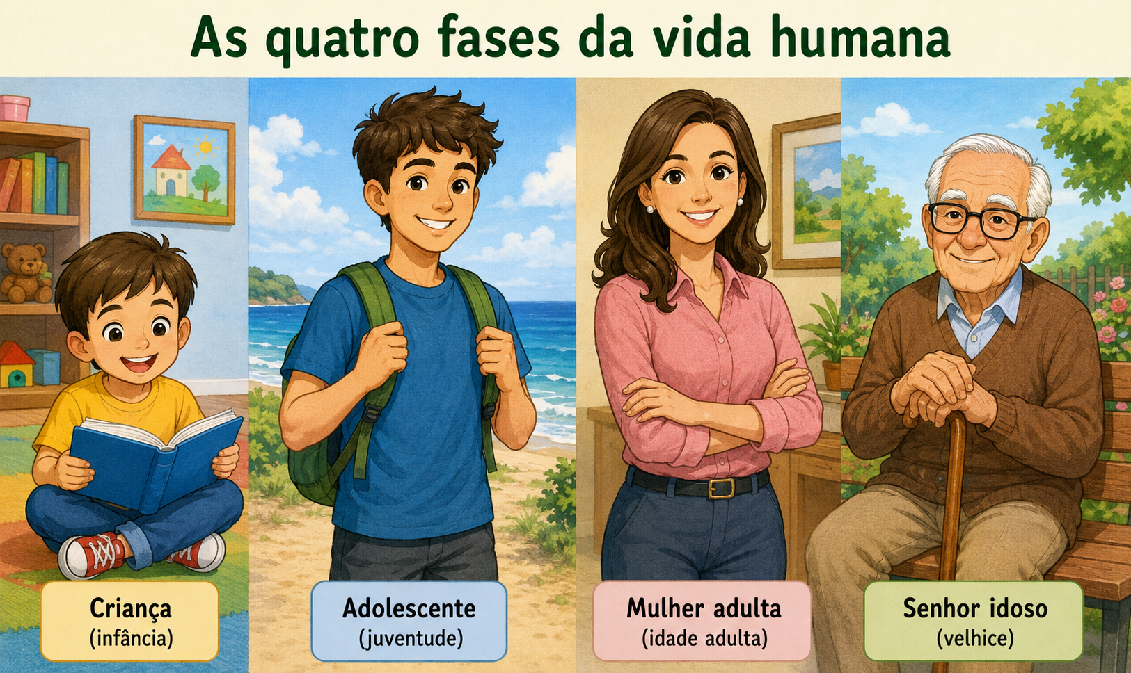 Quatro pessoas da mesma família lado a lado, mostrando as fases da vida: uma criança pequena segurando um livro, uma adolescente de mochila nas costas, uma mulher adulta em pé e um senhor idoso de cabelos brancos apoiado em uma bengala, todos sorrindo.
