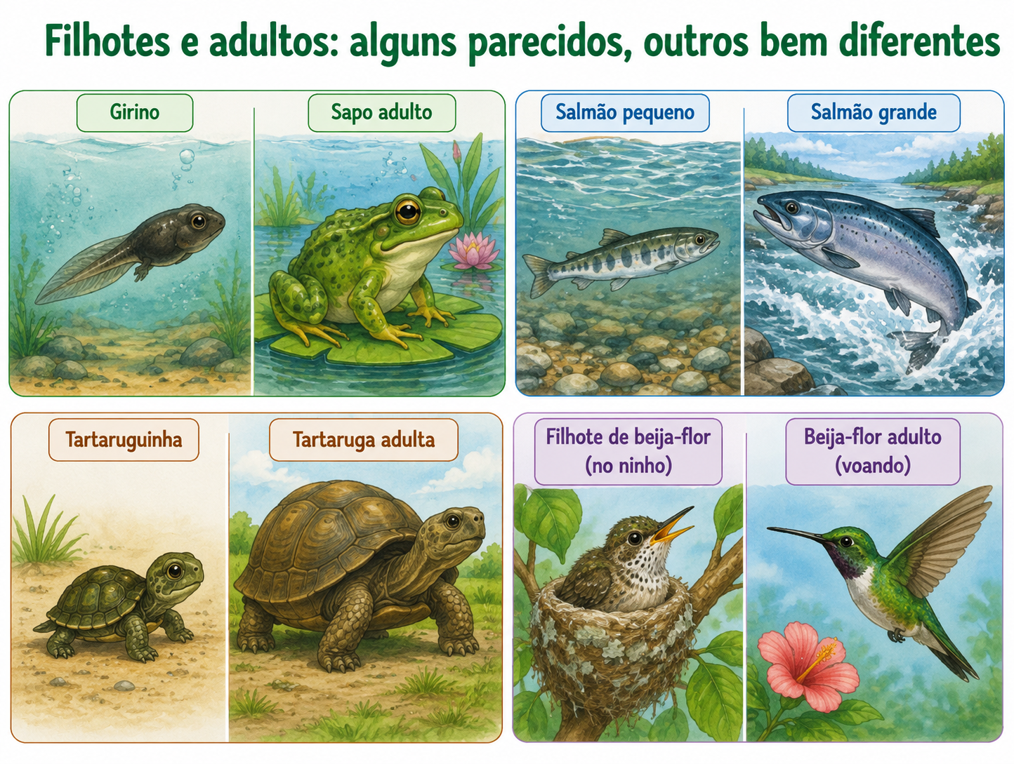 Quatro duplas de animais lado a lado, cada uma com o filhote e o adulto: um girino ao lado de um sapo, um salmão pequeno ao lado de um salmão grande, uma tartaruguinha ao lado de uma tartaruga adulta e um filhote de beija-flor no ninho ao lado de um beija-flor voando.