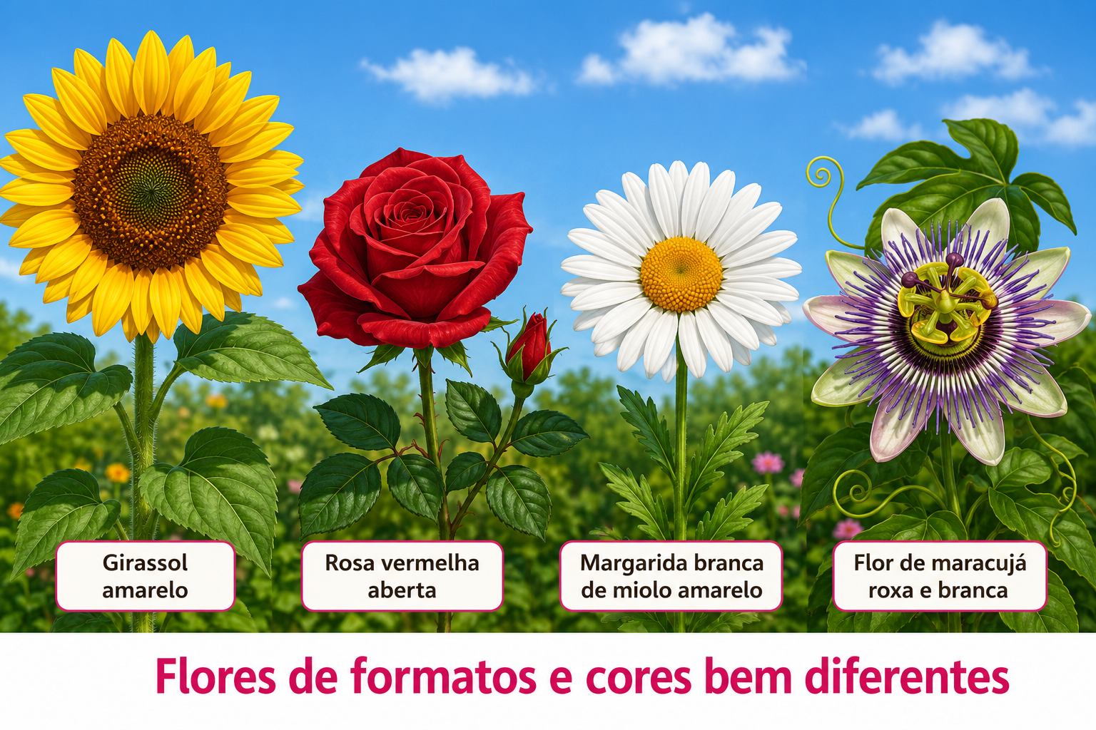 Várias flores de tipos diferentes lado a lado: um girassol grande e amarelo, uma rosa vermelha aberta, uma margarida branca de miolo amarelo e uma flor de maracujá roxa e branca, todas com as pétalas bem visíveis.