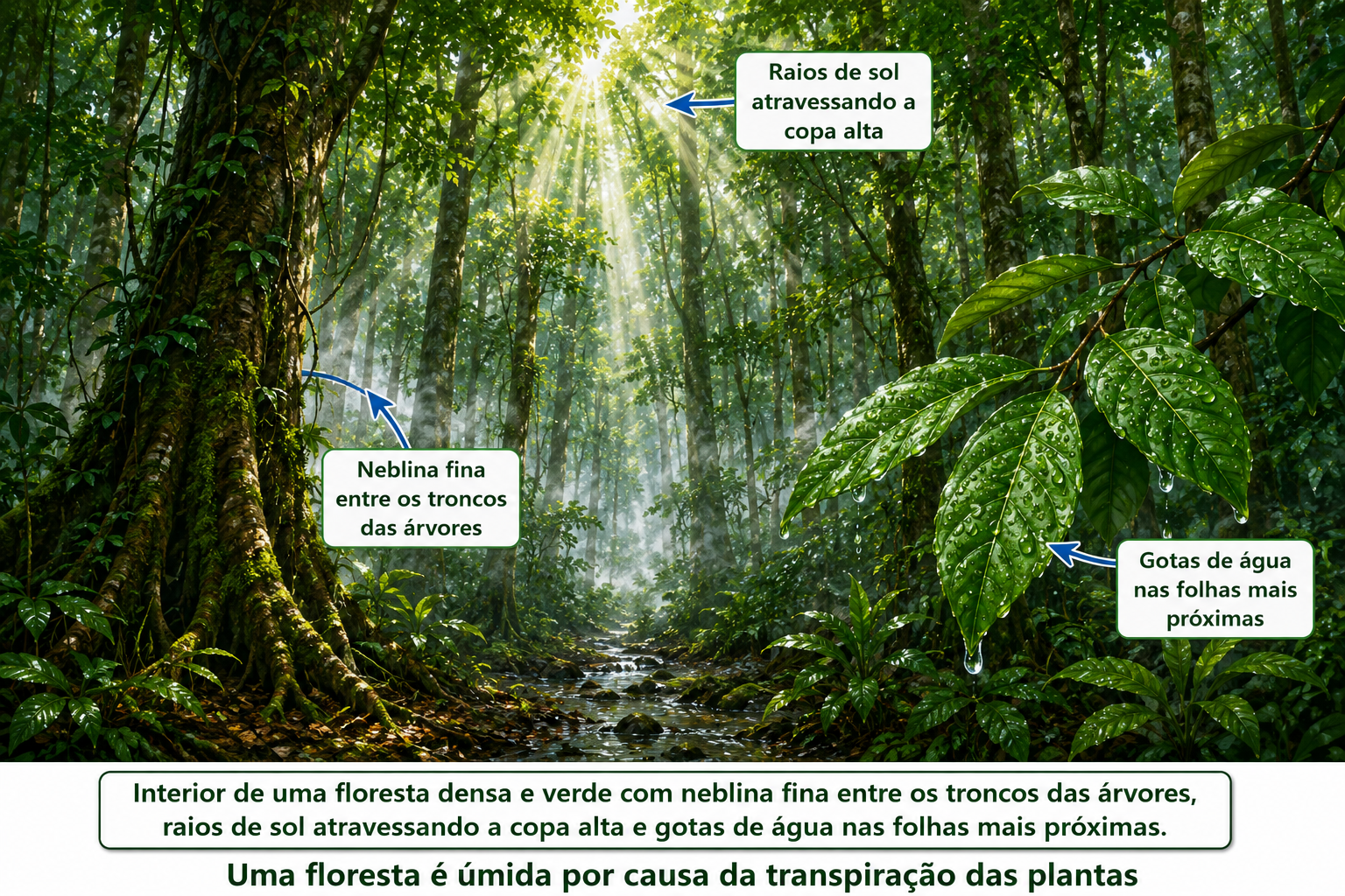 Interior de uma floresta densa e verde com neblina fina entre os troncos das árvores, raios de sol atravessando a copa alta e gotas de água nas folhas mais próximas.