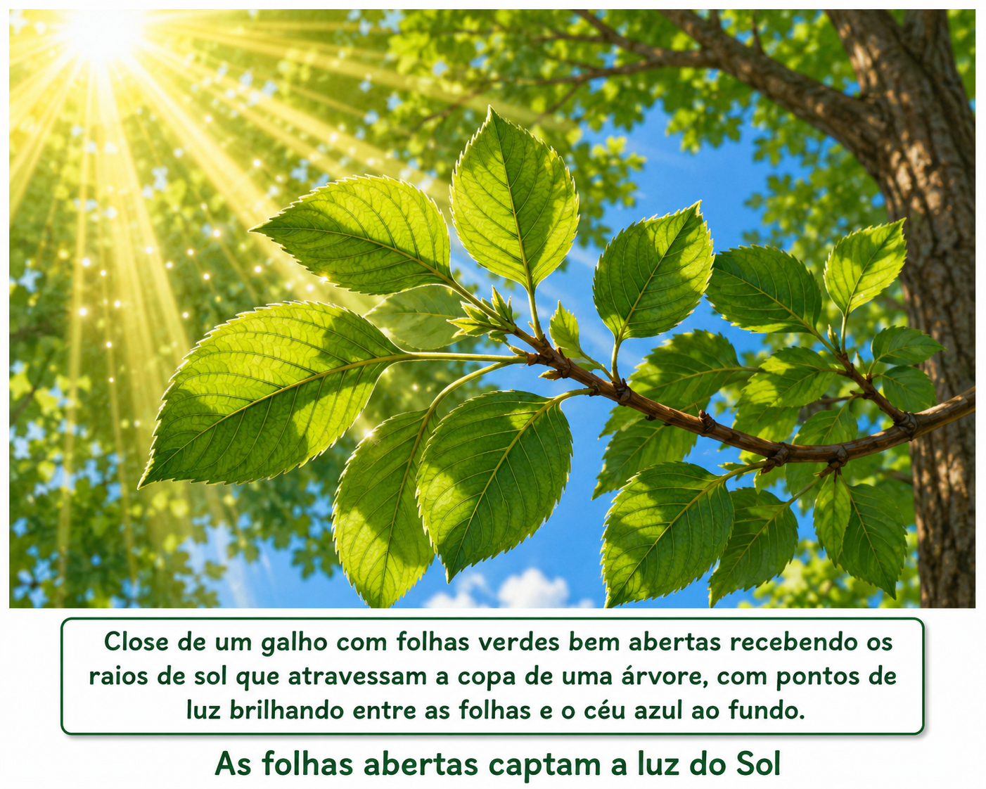 Close de um galho com folhas verdes bem abertas recebendo os raios de sol que atravessam a copa de uma árvore, com pontos de luz brilhando entre as folhas e o céu azul ao fundo.