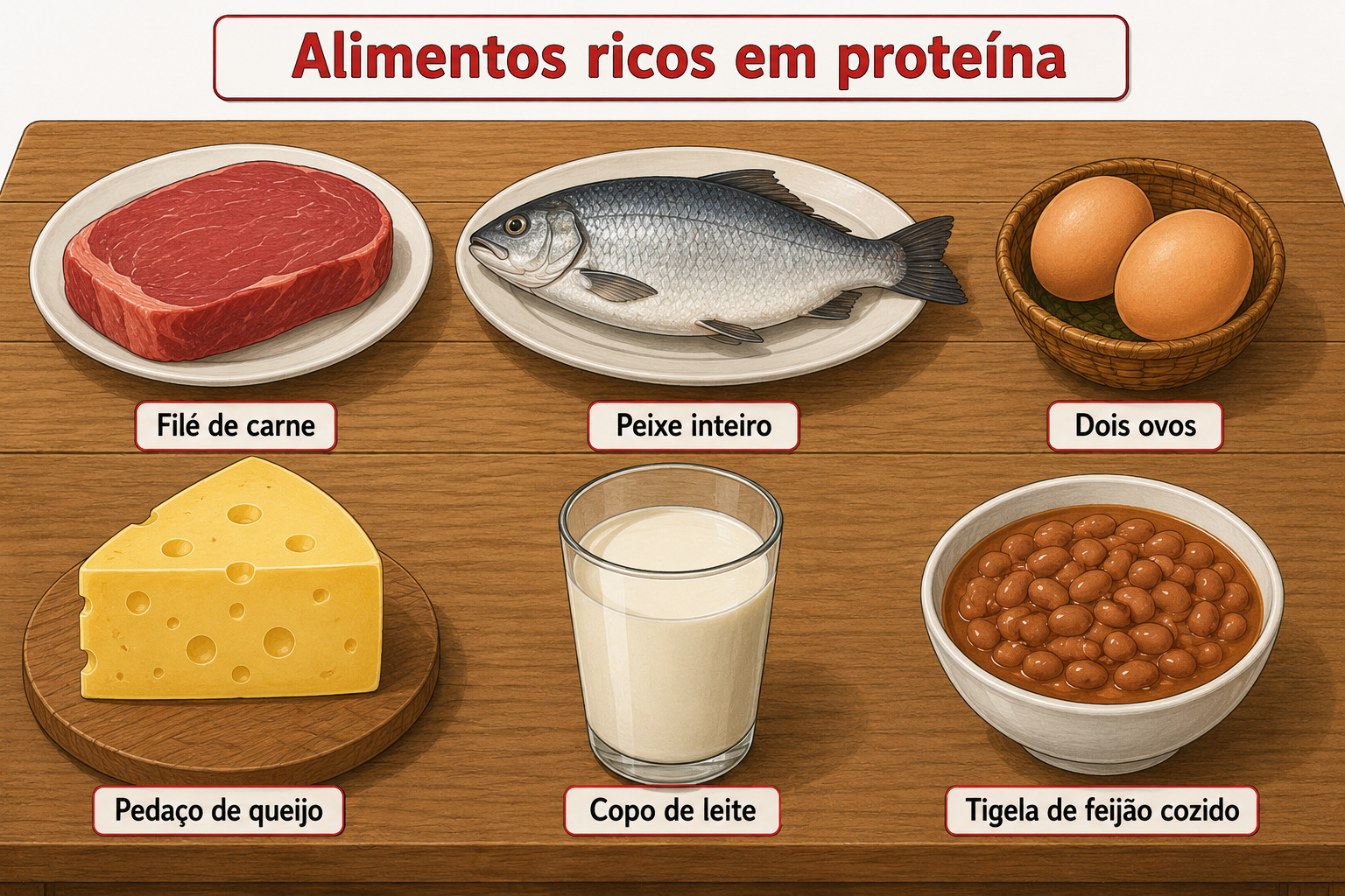 Alimentos ricos em proteína organizados sobre uma tábua: um filé de carne, um peixe inteiro, dois ovos, um pedaço de queijo, um copo de leite e uma tigela de feijão cozido.