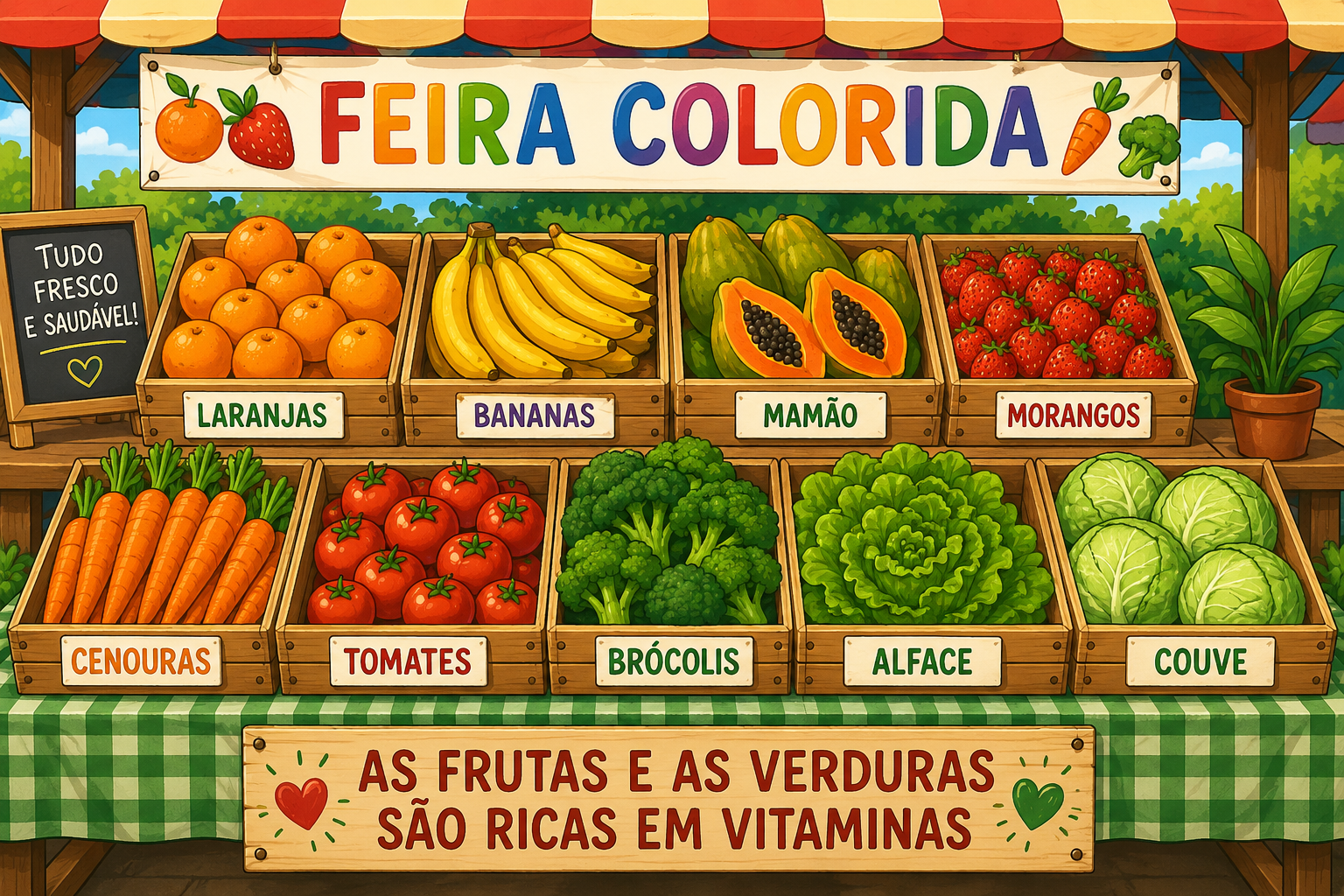 Feira colorida com caixas de frutas e verduras: laranjas, bananas, mamão, morangos, cenouras, tomates, brócolis, alface e couve, todas frescas e organizadas lado a lado.