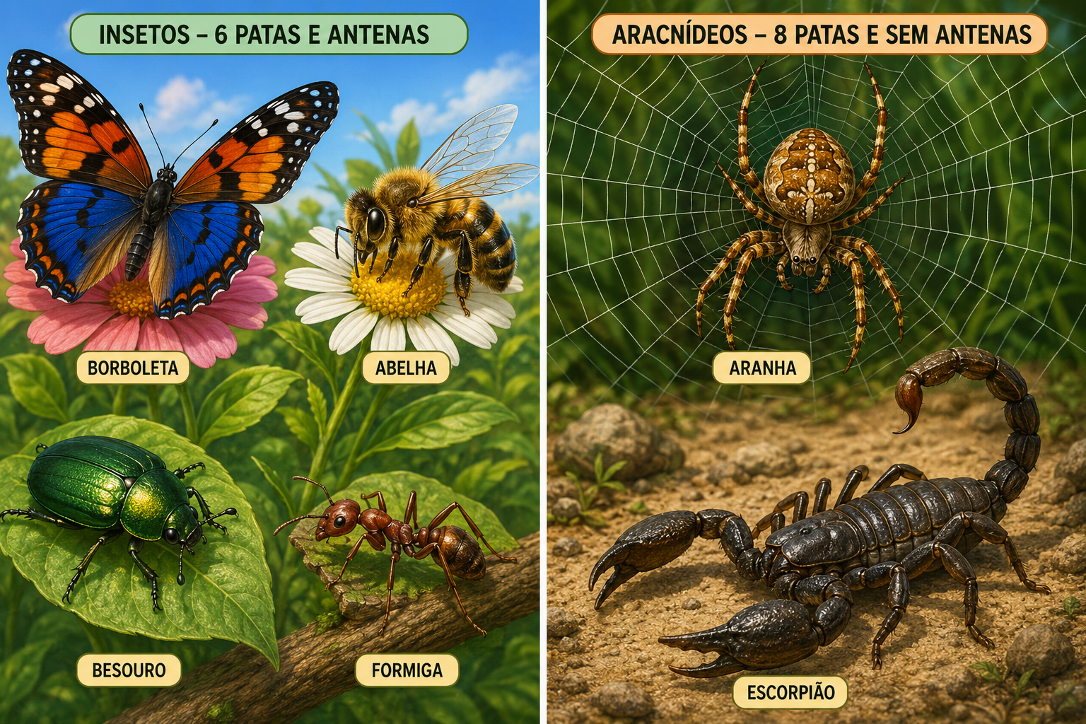 Ilustração dividida em duas partes: à esquerda, insetos com seis patas e antenas — uma borboleta de asas coloridas, uma abelha, um besouro e uma formiga; à direita, aracnídeos com oito patas e sem antenas — uma aranha em sua teia e um escorpião com a cauda curvada.