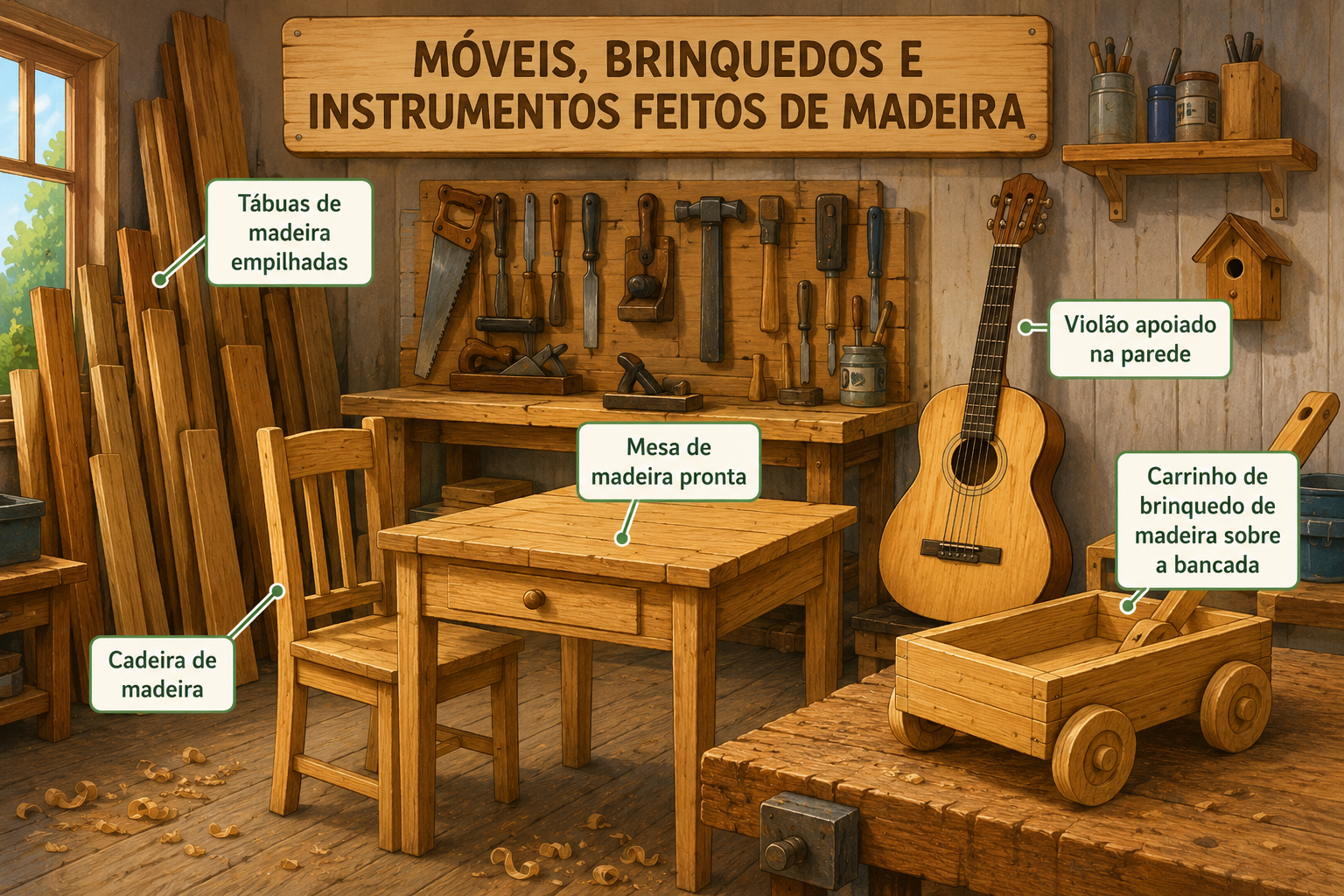 Oficina de marcenaria com tábuas de madeira empilhadas, uma cadeira e uma mesa de madeira prontas ao lado de um violão apoiado na parede, e um carrinho de brinquedo de madeira sobre a bancada.