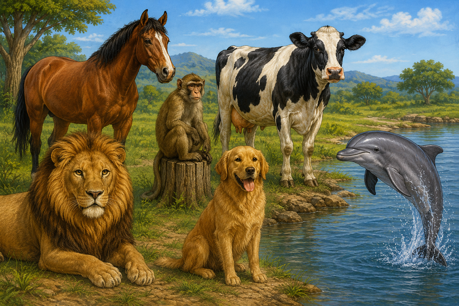 Vários mamíferos reunidos em uma ilustração: um leão, um cavalo, um macaco em um galho, uma vaca, um cachorro e, na água ao fundo, um golfinho saltando; todos com o corpo coberto de pelos, menos o golfinho.