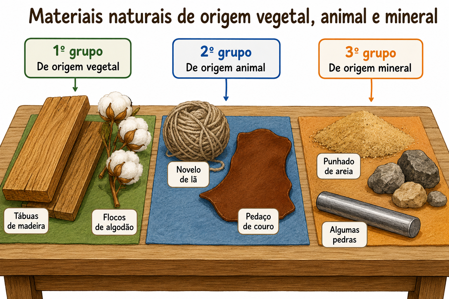 Materiais naturais organizados em três grupos sobre uma mesa: no primeiro, tábuas de madeira e flocos de algodão; no segundo, um novelo de lã e um pedaço de couro; no terceiro, um punhado de areia, algumas pedras e uma barra de metal.