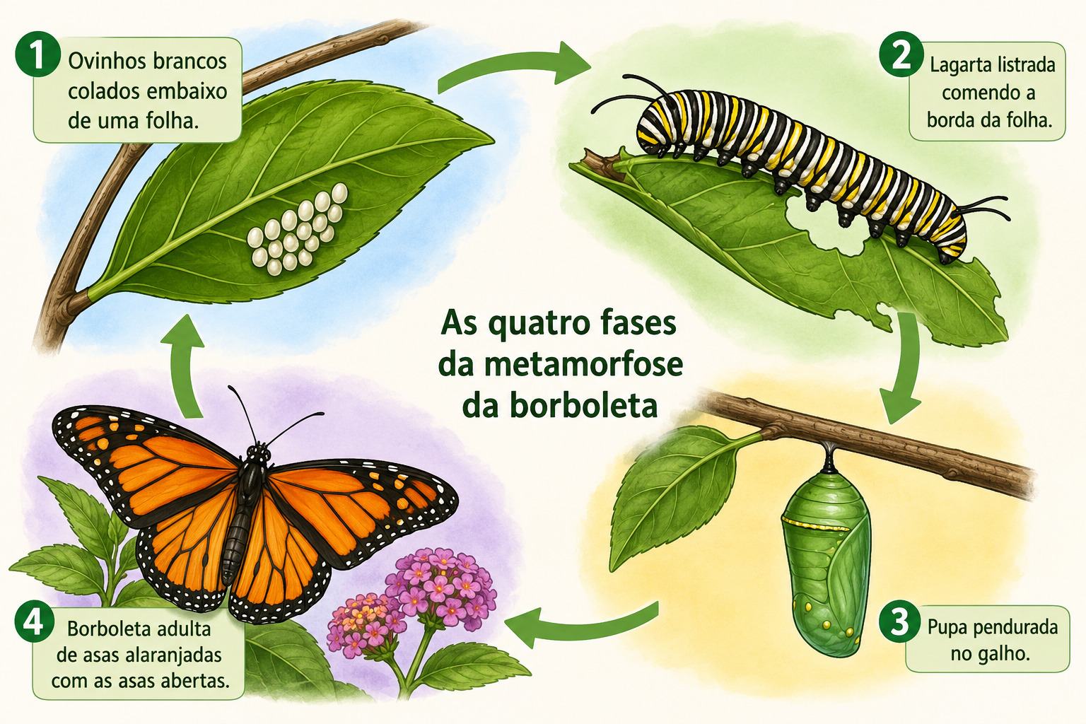 Sequência circular com as quatro fases da borboleta sobre um galho com folhas: ovinhos brancos colados embaixo de uma folha, uma lagarta listrada comendo a borda da folha, uma pupa pendurada no galho e, por fim, a borboleta adulta de asas alaranjadas com as asas abertas.