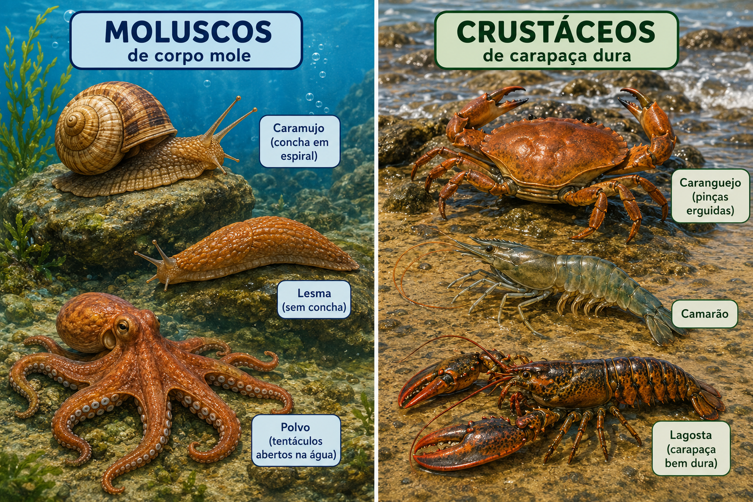 Ilustração dividida em duas partes: à esquerda, moluscos — um caramujo com a concha em espiral, uma lesma sem concha e um polvo com os tentáculos abertos na água; à direita, crustáceos — um caranguejo com as pinças erguidas, um camarão e uma lagosta, todos com a carapaça bem dura.