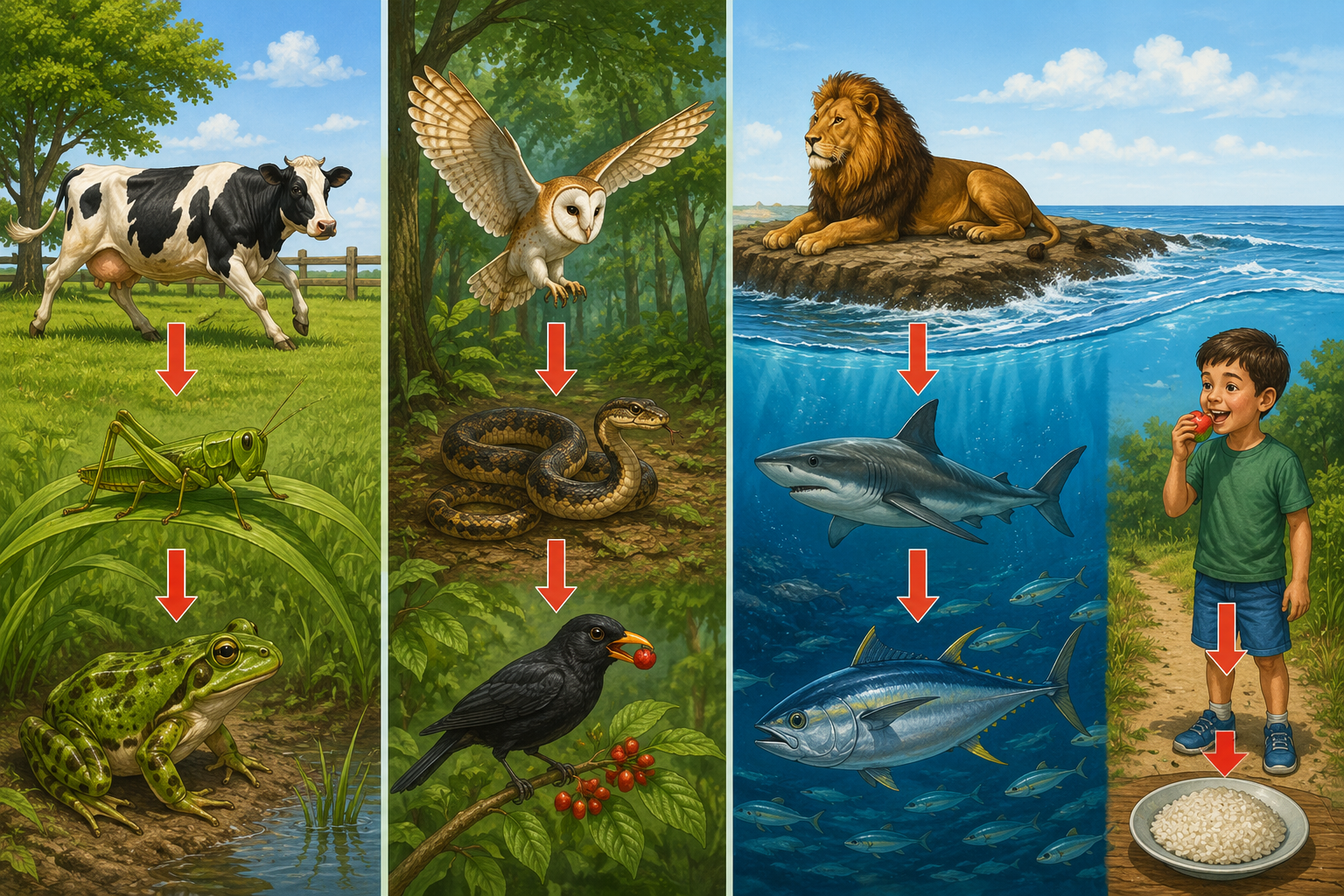 Ilustração dividida em três cenas: à esquerda, uma vaca comendo capim e um coelho roendo uma cenoura; no meio, um leão diante de um pedaço de carne e um gavião com o bico afiado; à direita, um urso comendo frutas silvestres ao lado de um peixe, e uma criança com um prato de arroz, salada e carne.