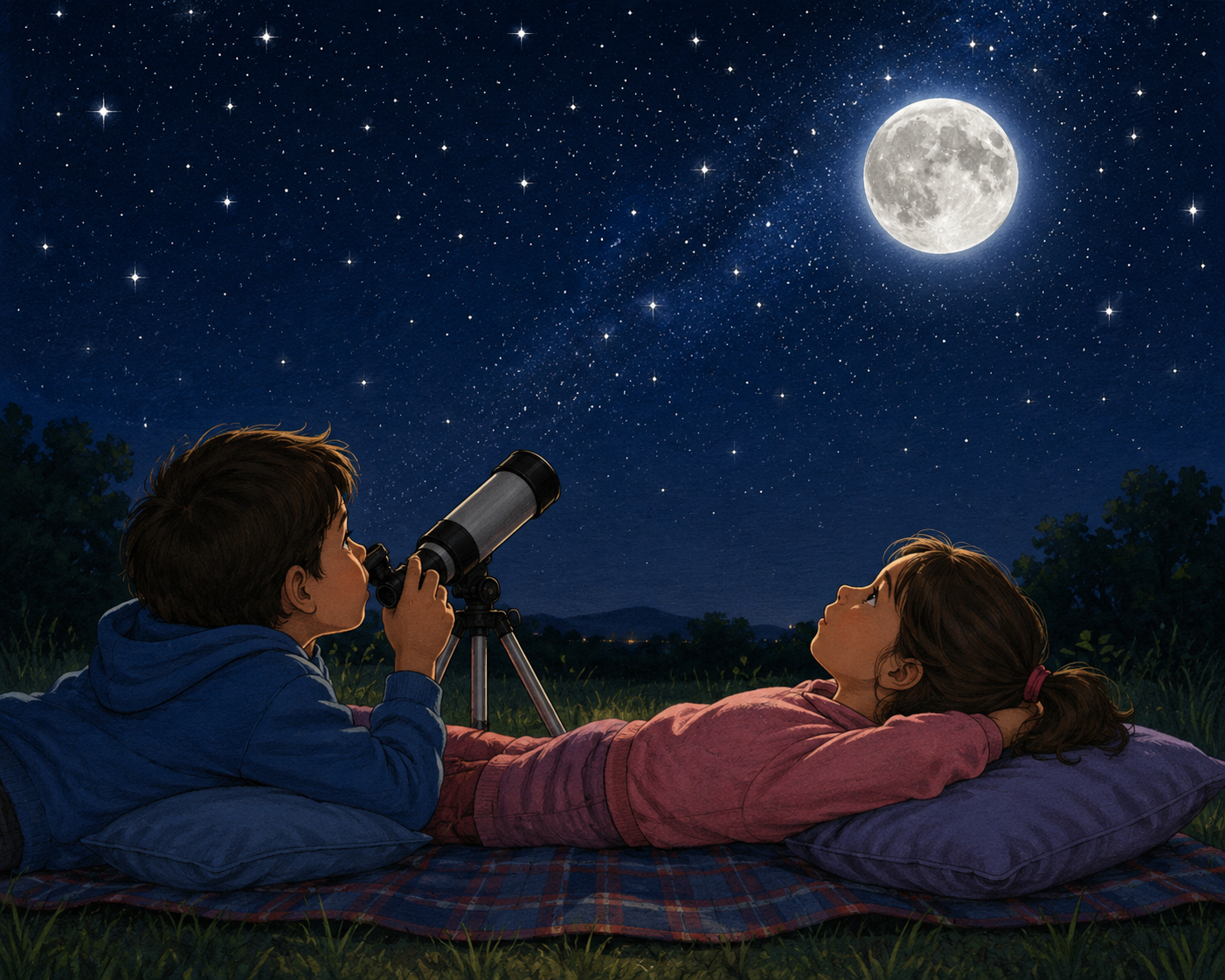 Duas crianças agasalhadas em um gramado à noite, uma delas olhando por um telescópio pequeno apontado para o céu; no céu escuro aparecem a Lua cheia e várias estrelas.