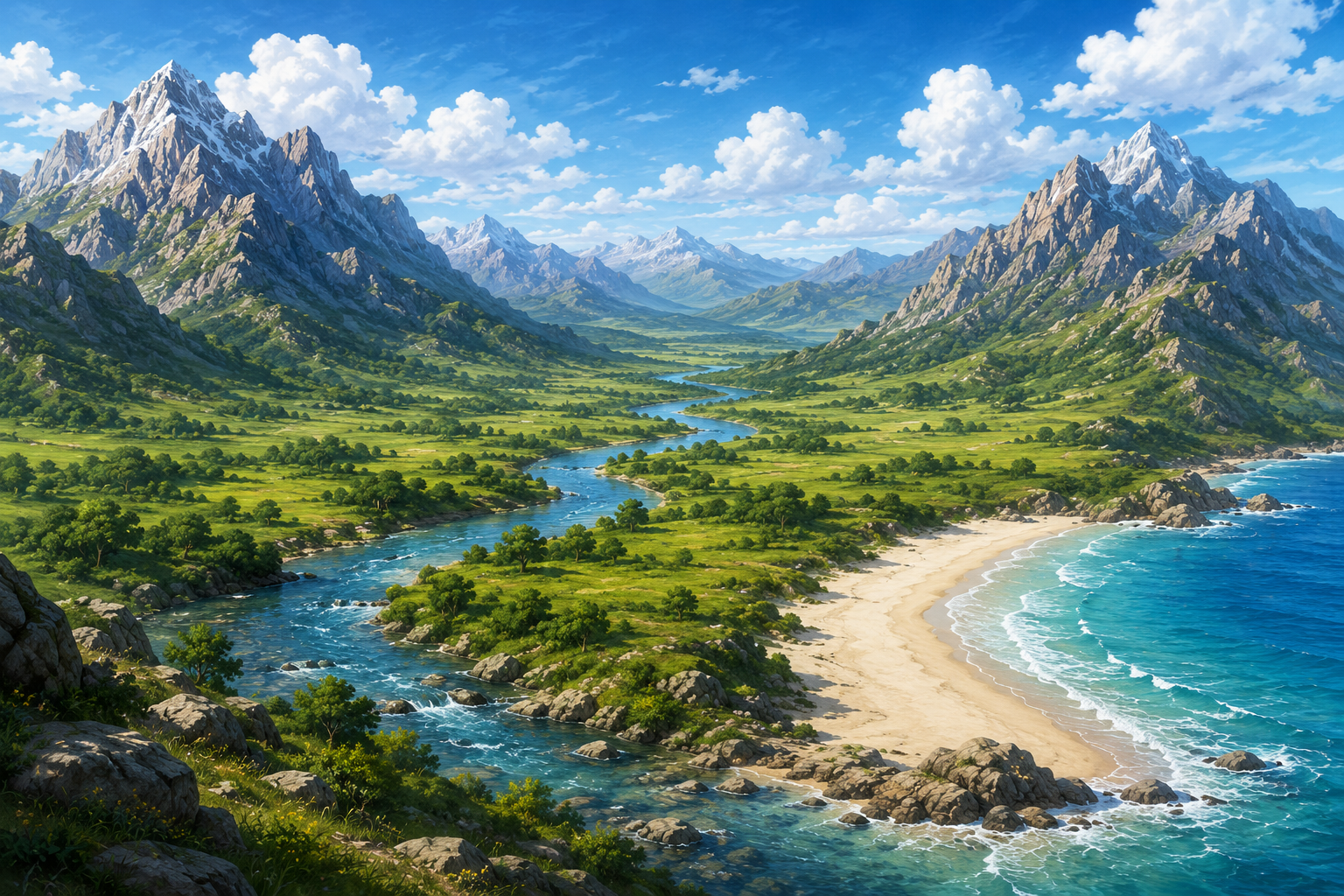 Paisagem ampla com montanhas altas ao fundo, um vale entre dois morros, uma planície verde no meio com um rio que atravessa, e à direita uma praia de areia clara encontrando o mar azul.