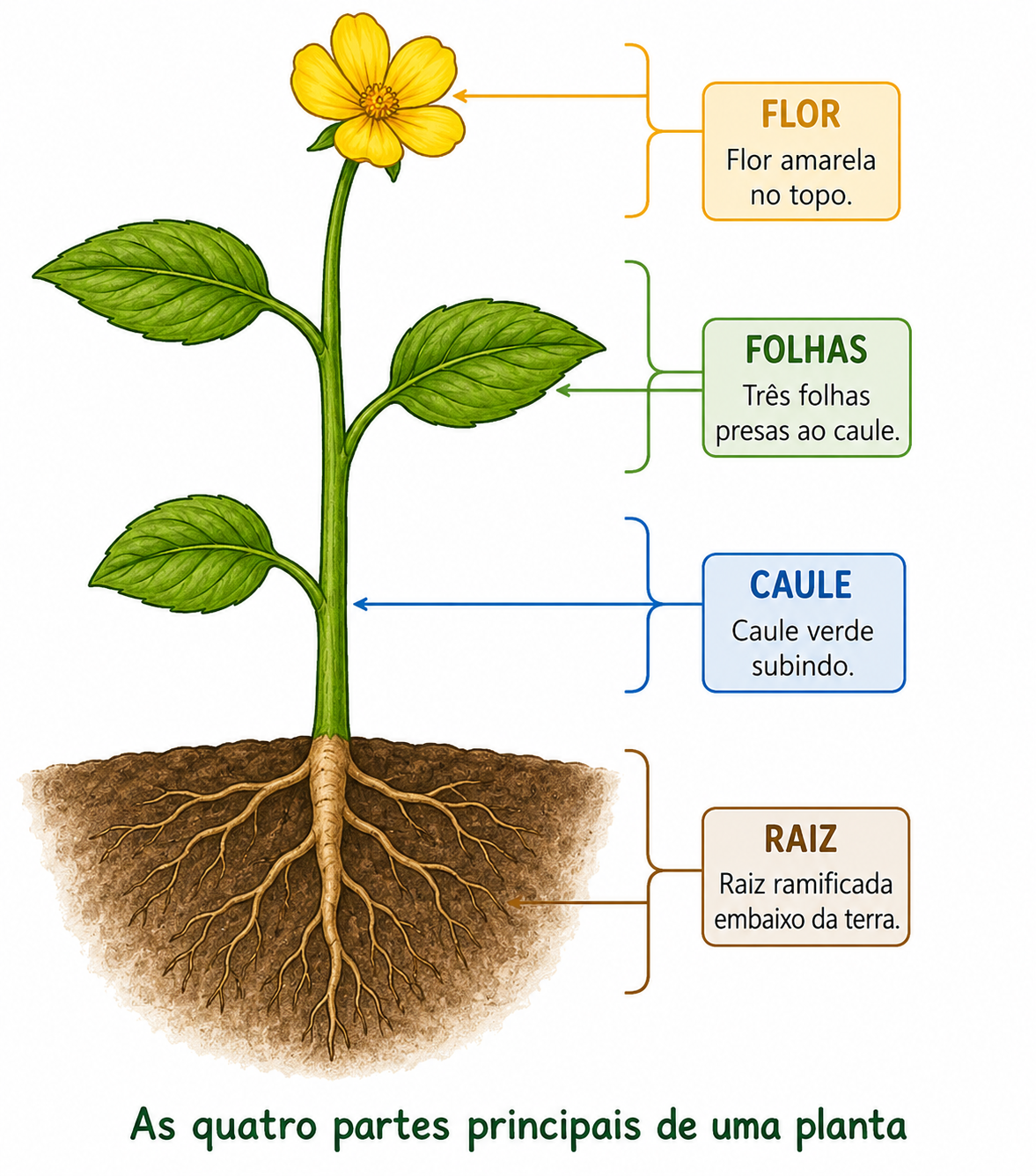 Desenho de uma planta com um corte no solo mostrando as raízes por baixo da terra: a raiz ramificada embaixo, o caule verde subindo, três folhas presas ao caule e uma flor amarela no topo, cada parte com o seu nome escrito ao lado.