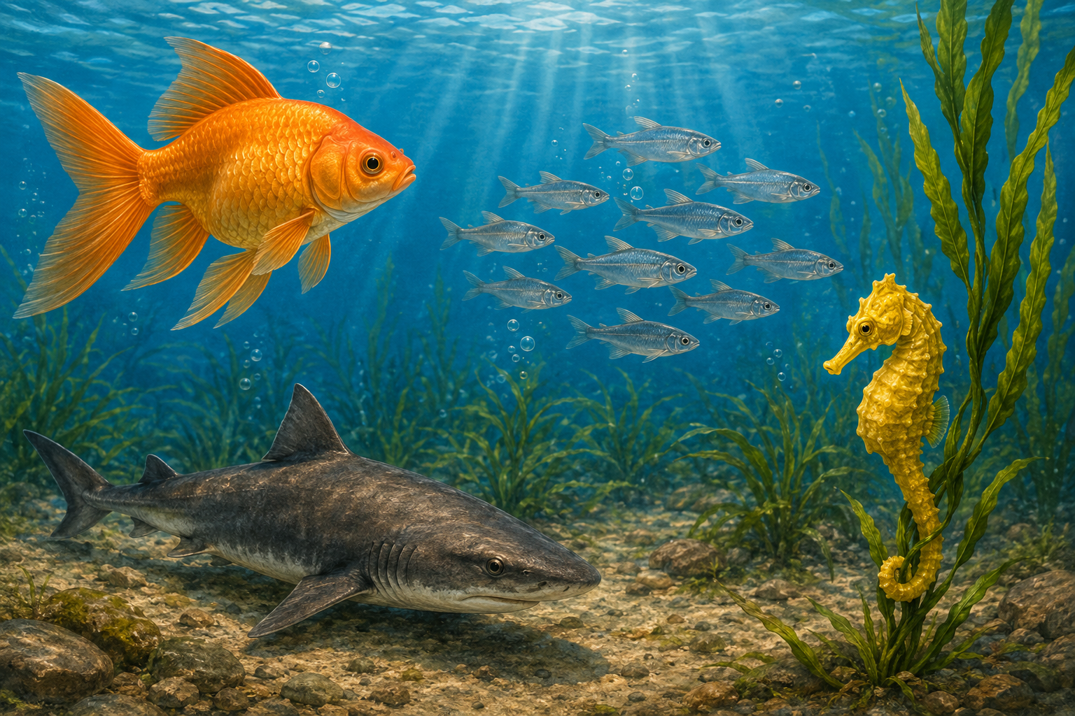 Peixes nadando dentro da água em uma ilustração: um peixe laranja de nadadeiras grandes, um cardume de peixinhos prateados, um tubarão cinza ao fundo e um cavalo-marinho amarelo agarrado a uma planta aquática.