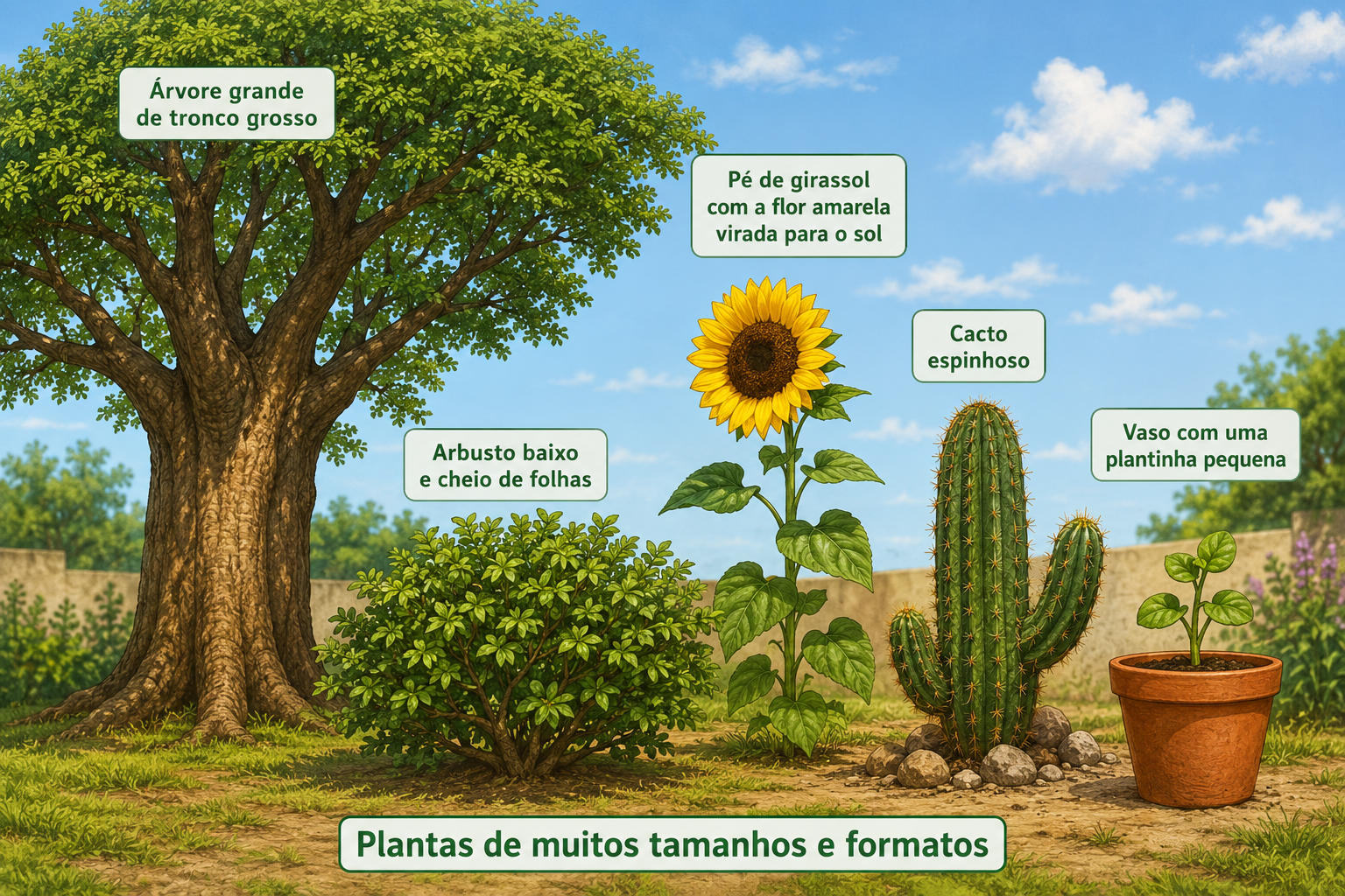 Ilustração com plantas de tipos bem diferentes lado a lado: uma árvore grande de tronco grosso, um arbusto baixo e cheio de folhas, um pé de girassol com a flor amarela virada para o sol, um cacto espinhoso e um vaso com uma plantinha pequena.