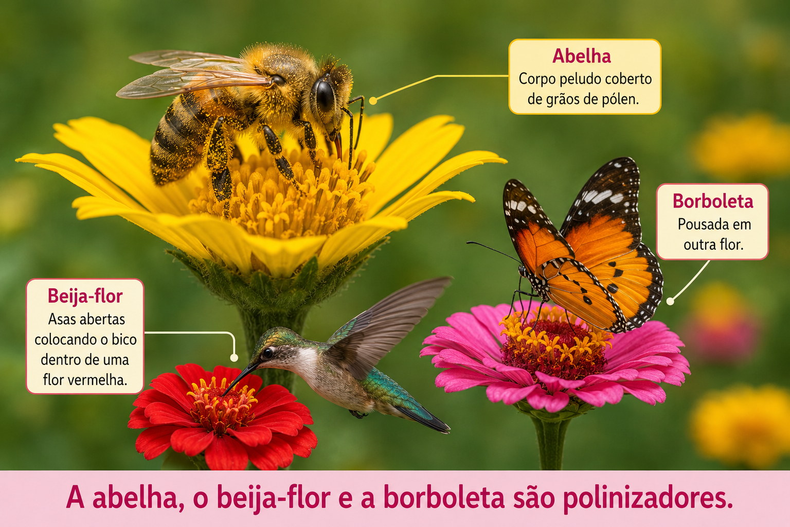 Close de uma abelha pousada no centro de uma flor amarela, com o corpo peludo coberto de grãos de pólen; ao fundo, um beija-flor de asas abertas colocando o bico dentro de uma flor vermelha e uma borboleta pousada em outra flor.
