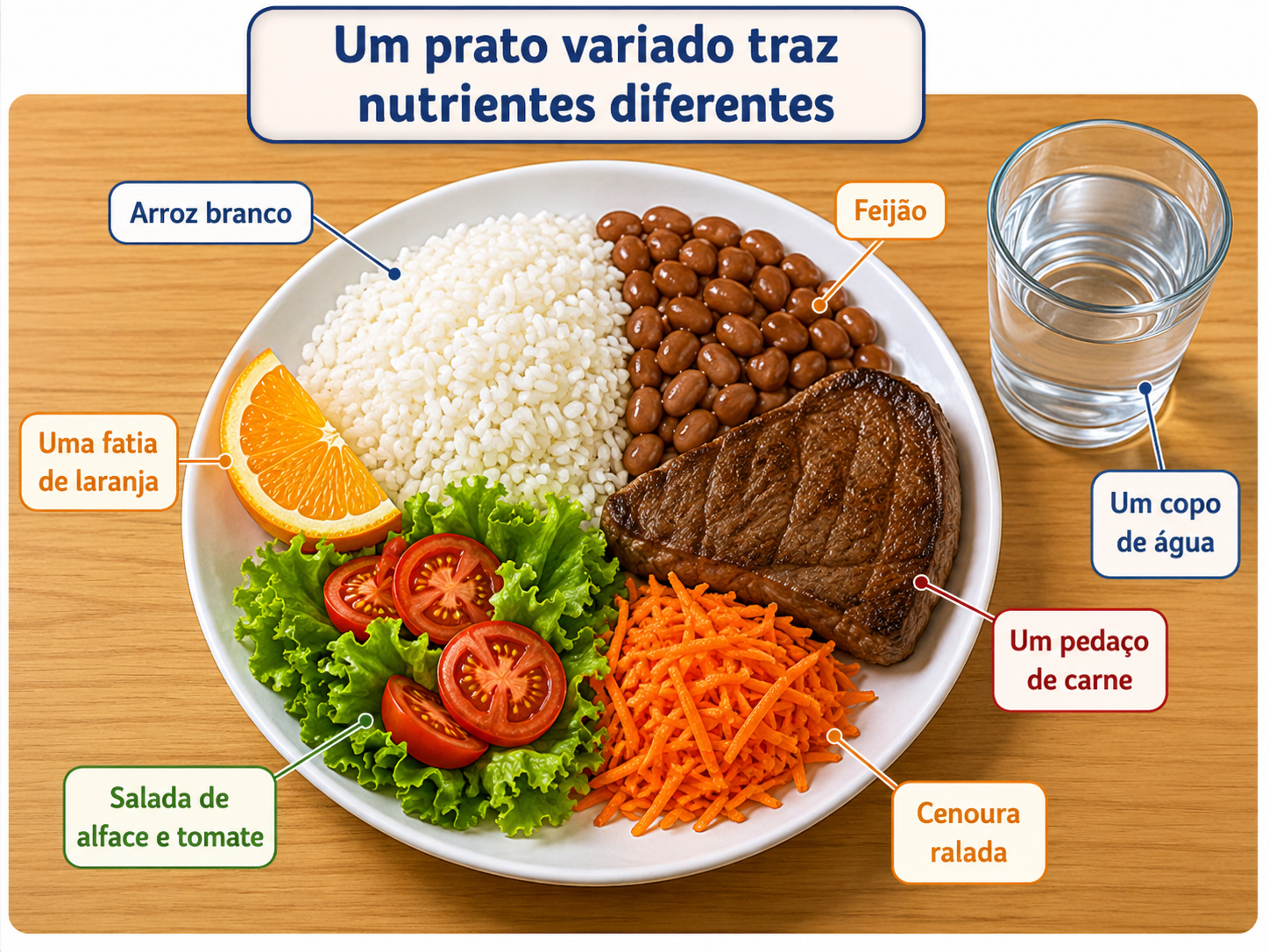 Prato de almoço visto de cima, dividido em partes coloridas: arroz branco, feijão, um pedaço de carne, salada de alface e tomate, cenoura ralada e uma fatia de laranja na borda, com um copo de água ao lado.