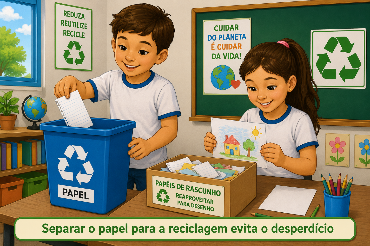 Duas crianças em uma sala de aula colocando folhas de papel usadas dentro de uma lixeira azul de reciclagem marcada com o símbolo de setas em triângulo; ao lado, uma caixa com papéis de rascunho sendo reaproveitados para desenho.