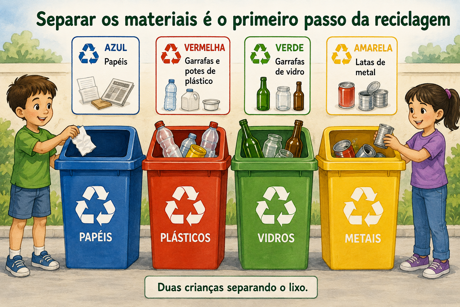 Quatro lixeiras de reciclagem coloridas lado a lado, cada uma com o seu símbolo e material: a azul com papéis, a vermelha com garrafas e potes de plástico, a verde com garrafas de vidro e a amarela com latas de metal, e duas crianças separando o lixo.