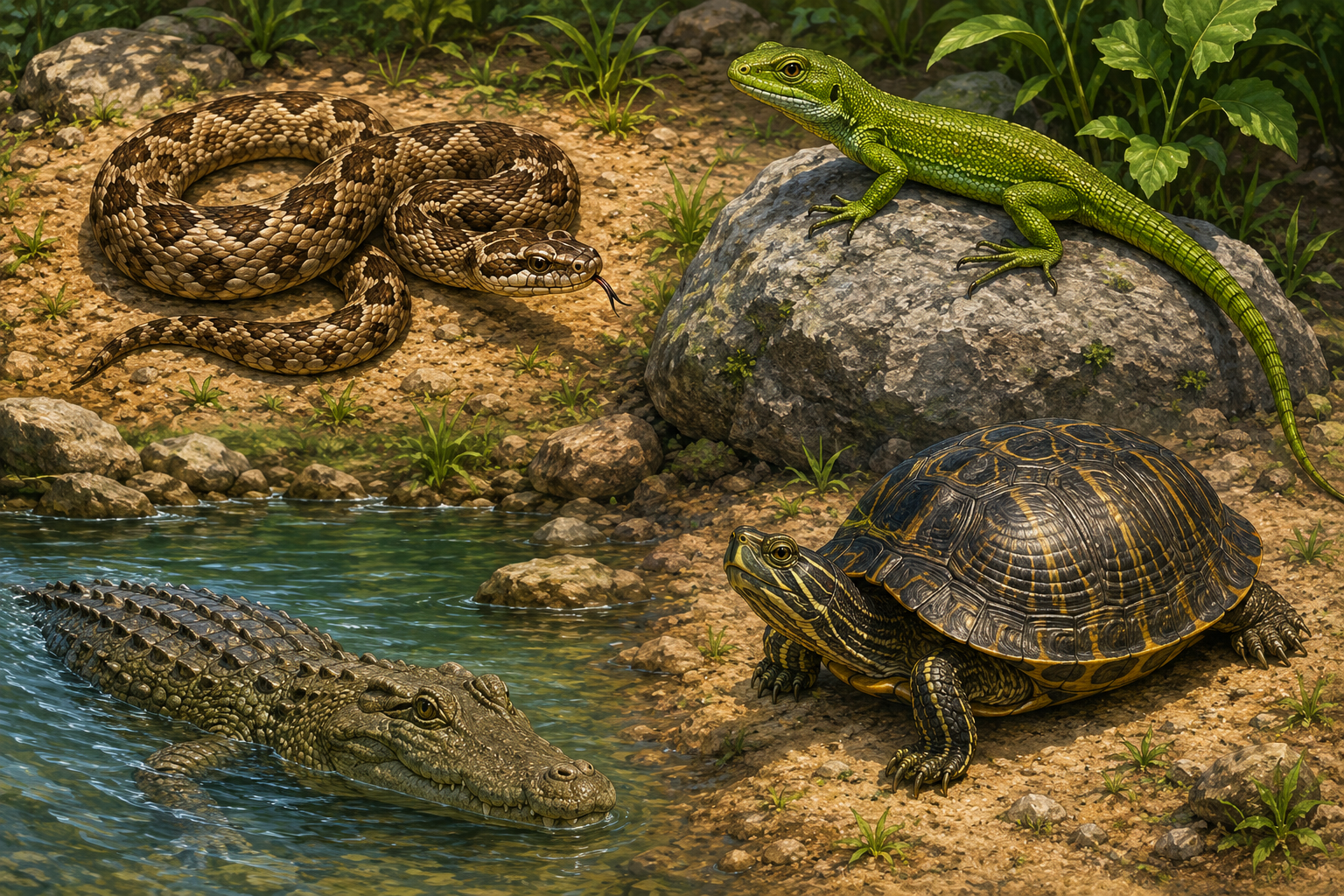Quatro répteis em uma ilustração: uma cobra enrolada sem patas, um lagarto verde sobre uma pedra com as patas curtas, um crocodilo dentro da água com as placas duras das costas à mostra e uma tartaruga com o casco arredondado.