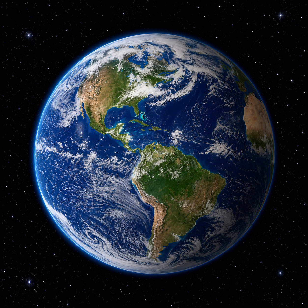 A Terra fotografada do espaço sobre um fundo preto estrelado: uma esfera com grandes áreas de oceano azul, continentes em tons de verde e marrom e faixas de nuvens brancas passando por cima.