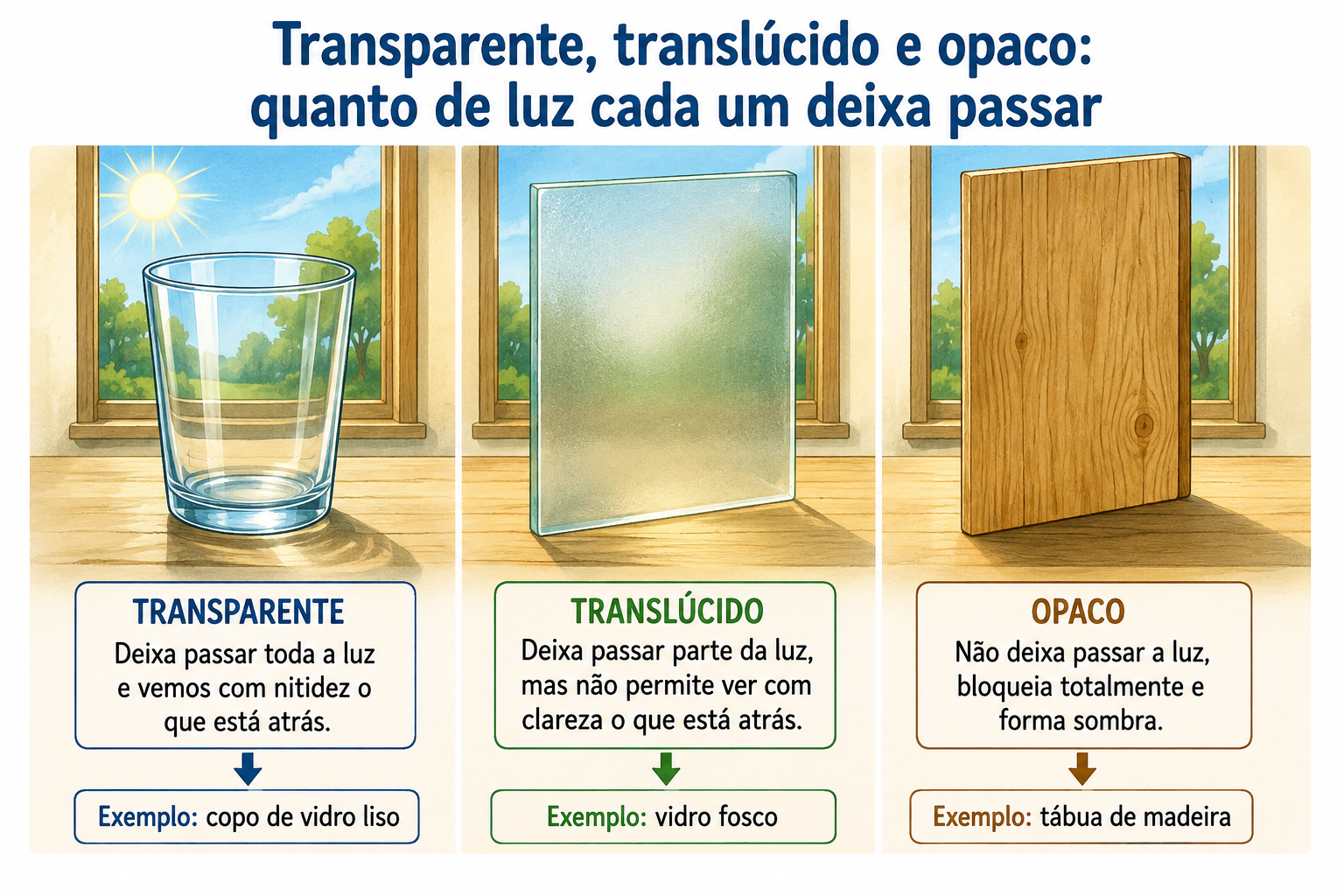 Três objetos alinhados diante de uma janela iluminada: um copo de vidro liso, através do qual se enxerga nitidamente o que está atrás; um vidro fosco, que deixa passar apenas um brilho difuso e formas borradas; e uma tábua de madeira, que bloqueia a luz e projeta sombra.